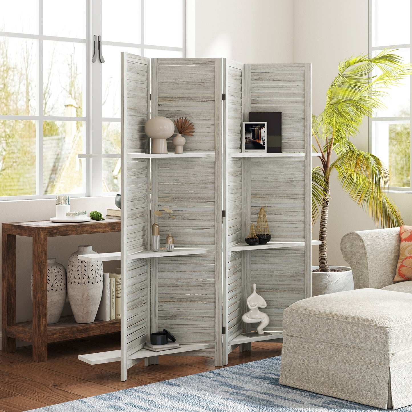 4-Panel Wall Partition Room Separator with 3 Storage Shelves Foldable Design Wooden Frame 5.6FT Distressed White Room Dividers at Gallery Canada