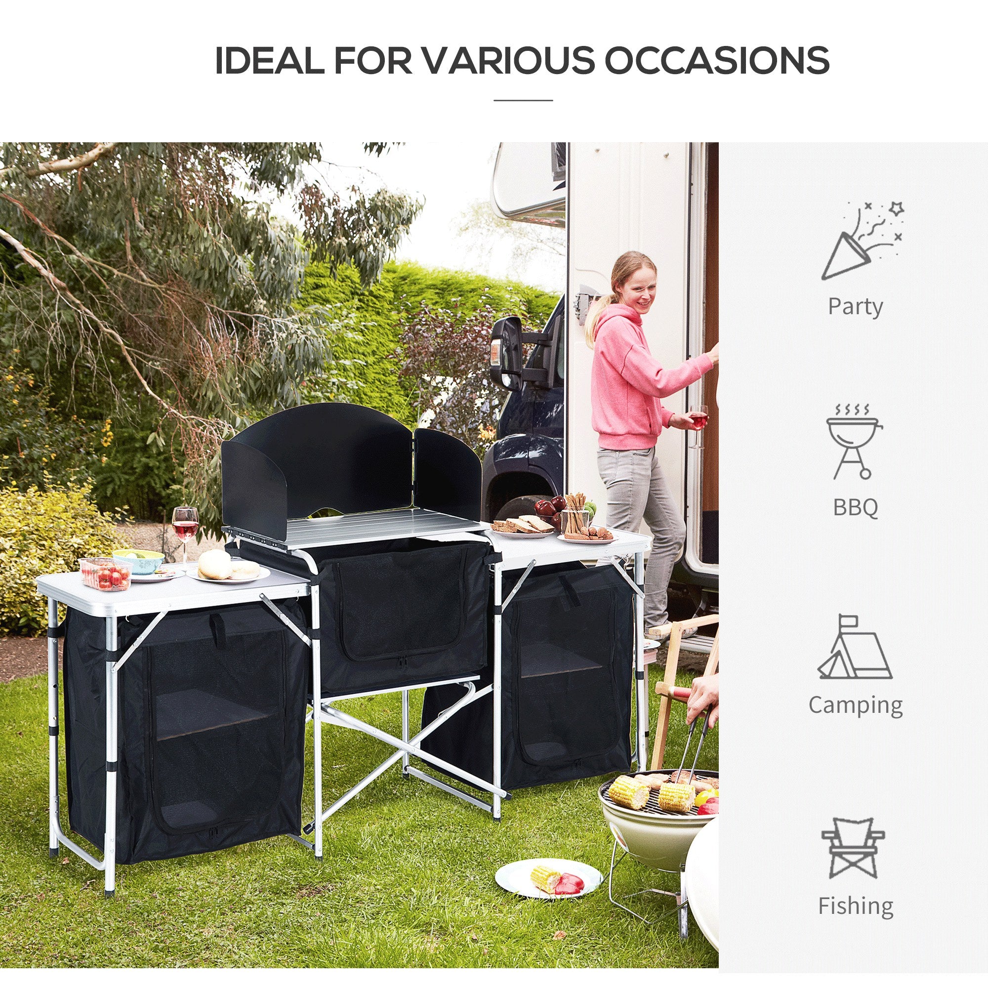 Folding Camping Kitchen Table with Carrying Bag, Windscreen and 3 Enclosed Cupboards, Aluminum Cook Station, Black Picnic Tables & Camping Chairs at Gallery Canada