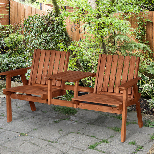 Garden Bench for 2 Persons with Middle Table and Umbrella Hole, 2-Seater Outdoor Wooden Bench with Slat Design, Orange