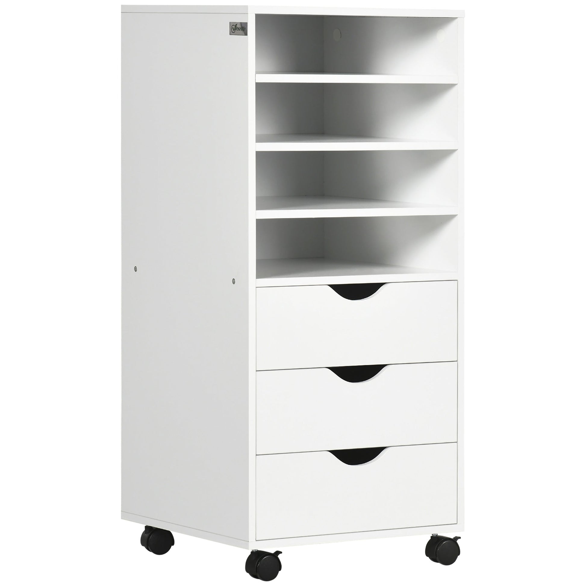 Vertical Filing Cabinet, Mobile File Cabinet on Wheels with 3 Drawers and 4 Open Shelves for Home Office, White Office Cabinets & Cupboards White  at Gallery Canada