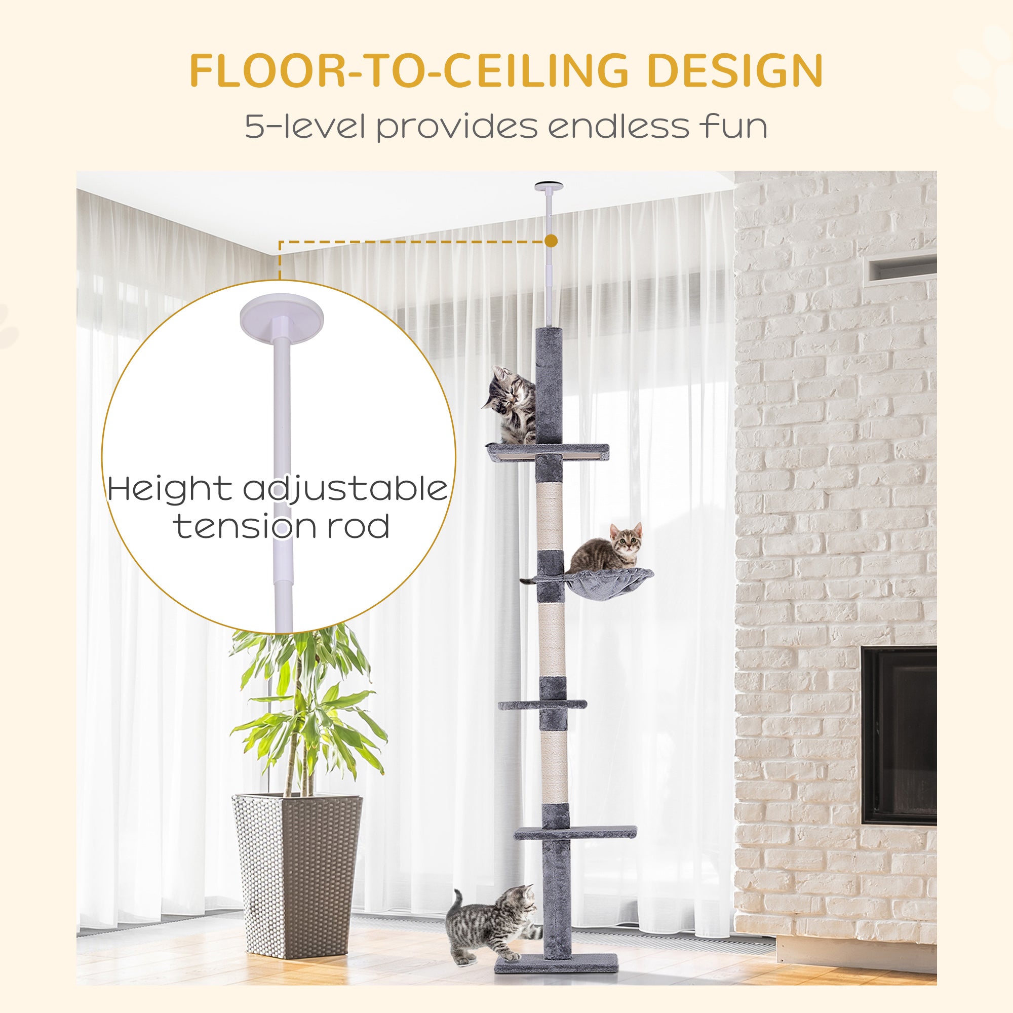 8.5ft Cat Climbing Tree 5-Tier Cat Activity Center Floor-to-Ceiling Cat Climber Toy with Scratching Post Play Rest Post Pet Furniture Grey Floor to Ceiling Cat Trees at Gallery Canada