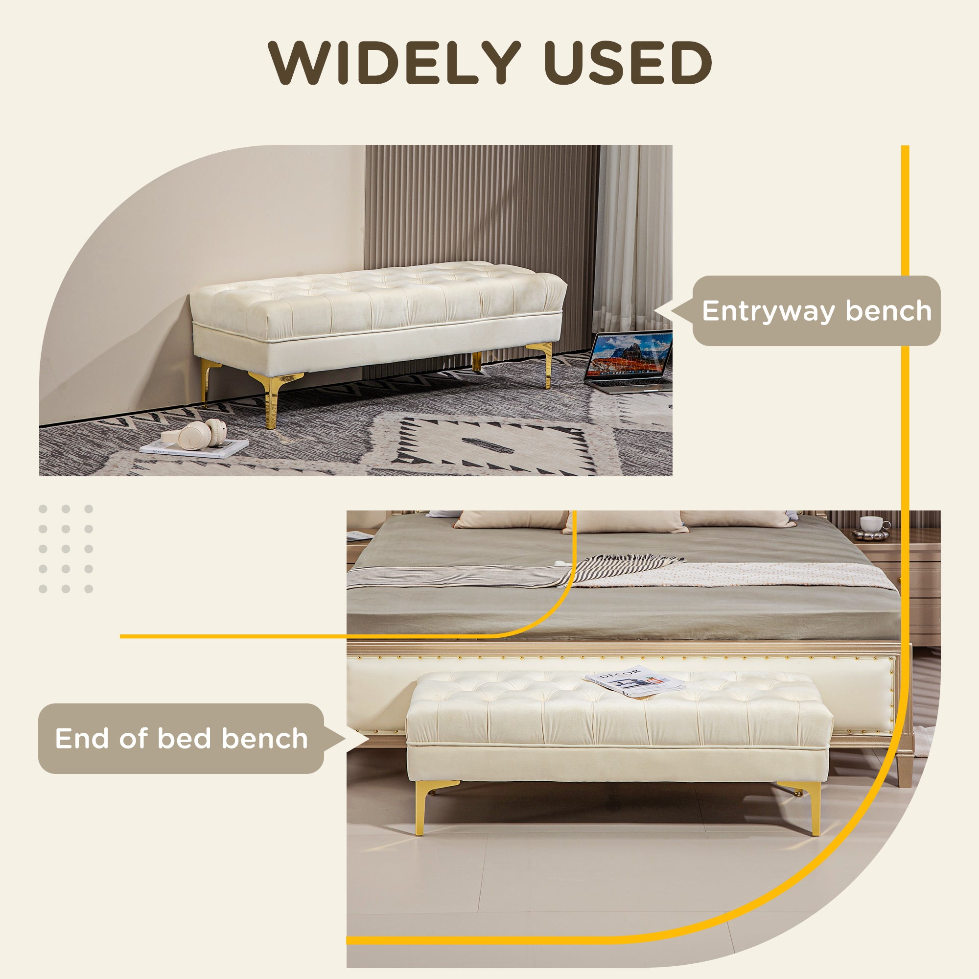 End of Bed Bench, Upholstered Bench, Entryway Shoe Bench with Button Tufted for Living Room, Bedroom, Cream White Storage Ottomans & Benches at Gallery Canada
