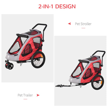 Dog Bike Trailer 2-In-1 Pet Stroller Cart Bicycle Wagon Cargo Carrier Attachment for Travel with 360 Swivel Wheel Reflectors Parking Brake Straps Cup Holder Red - Gallery Canada