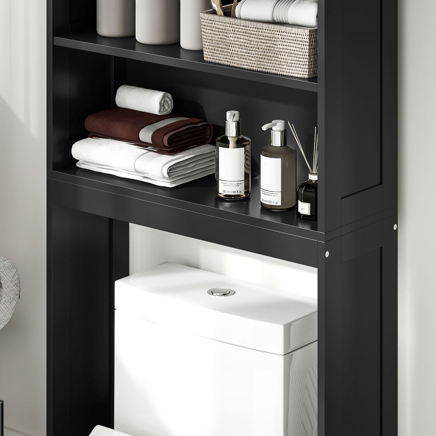 Modern Over The Toilet Storage, Bathroom Cabinets Over Toilet with Open Shelves and Double Door Cabinet, Black Bathroom Cabinets   at Gallery Canada