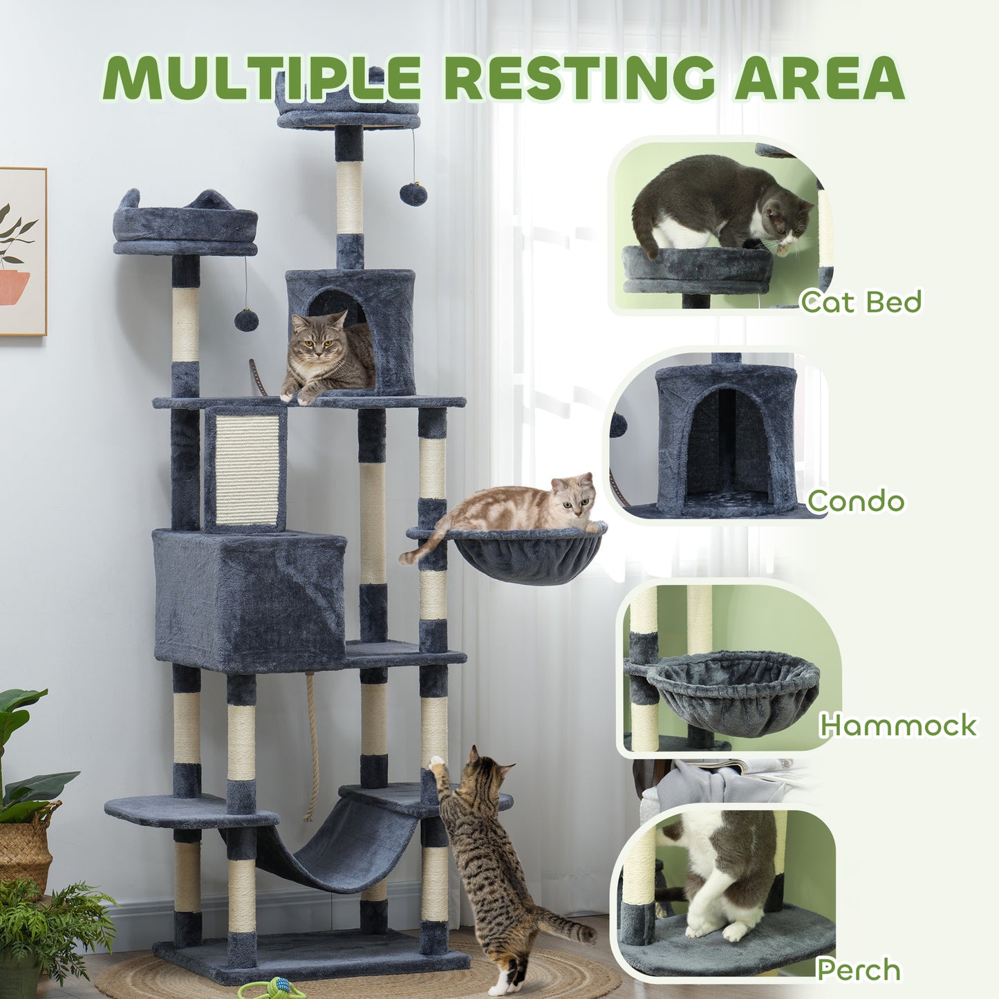 81" Large Cat Tree w/ Scratching Posts, Condos, Beds, Hammocks, Jumping Platforms, Toy Balls, Rope Cat Toy, Dark Grey Cat Towers   at Gallery Canada