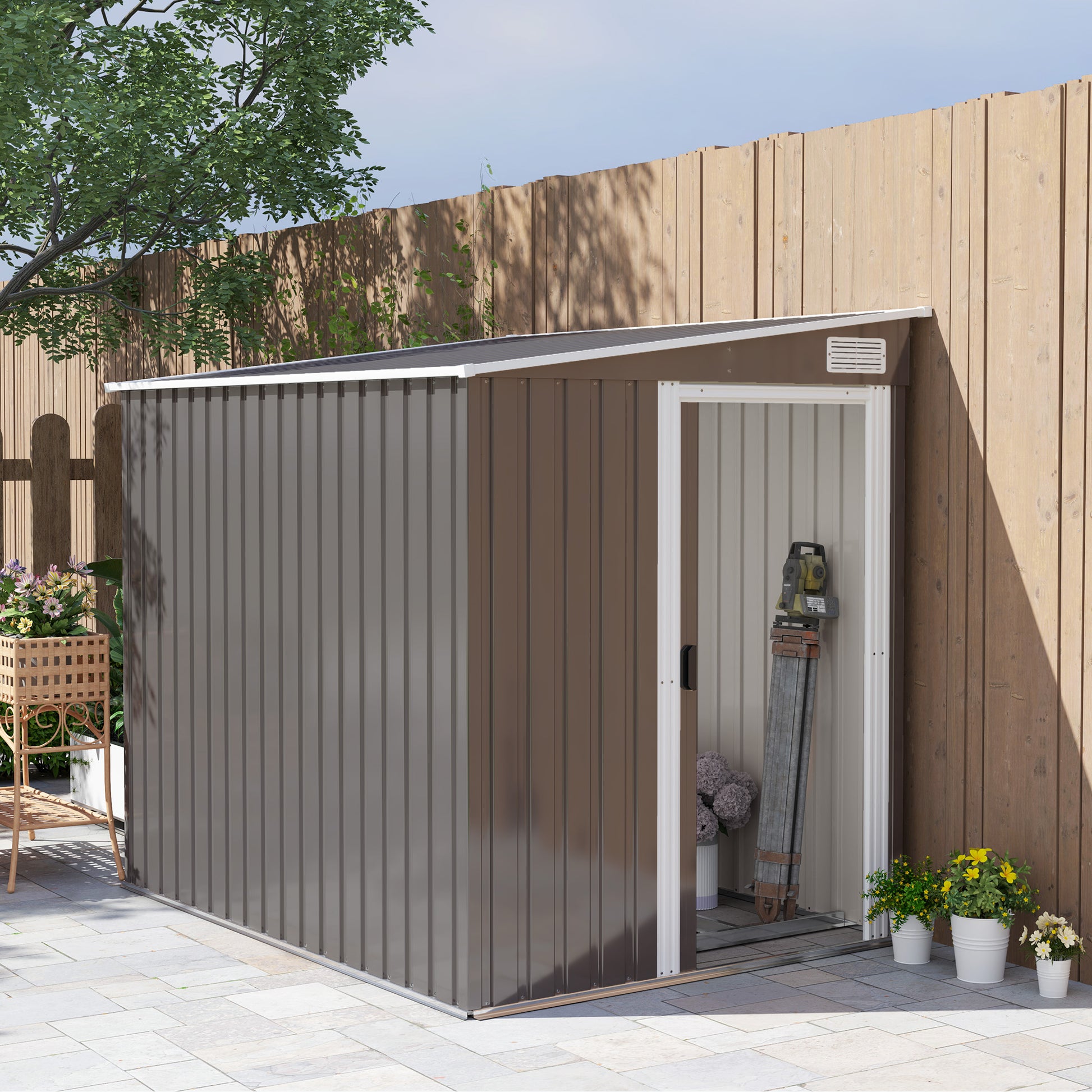 5'x7' Lean to Galvanized Metal Shed with Foundation, Garden Tool Storage House w/ Sliding Door and 2 Vents, Light Grey Sheds Light Grey at Gallery Canada