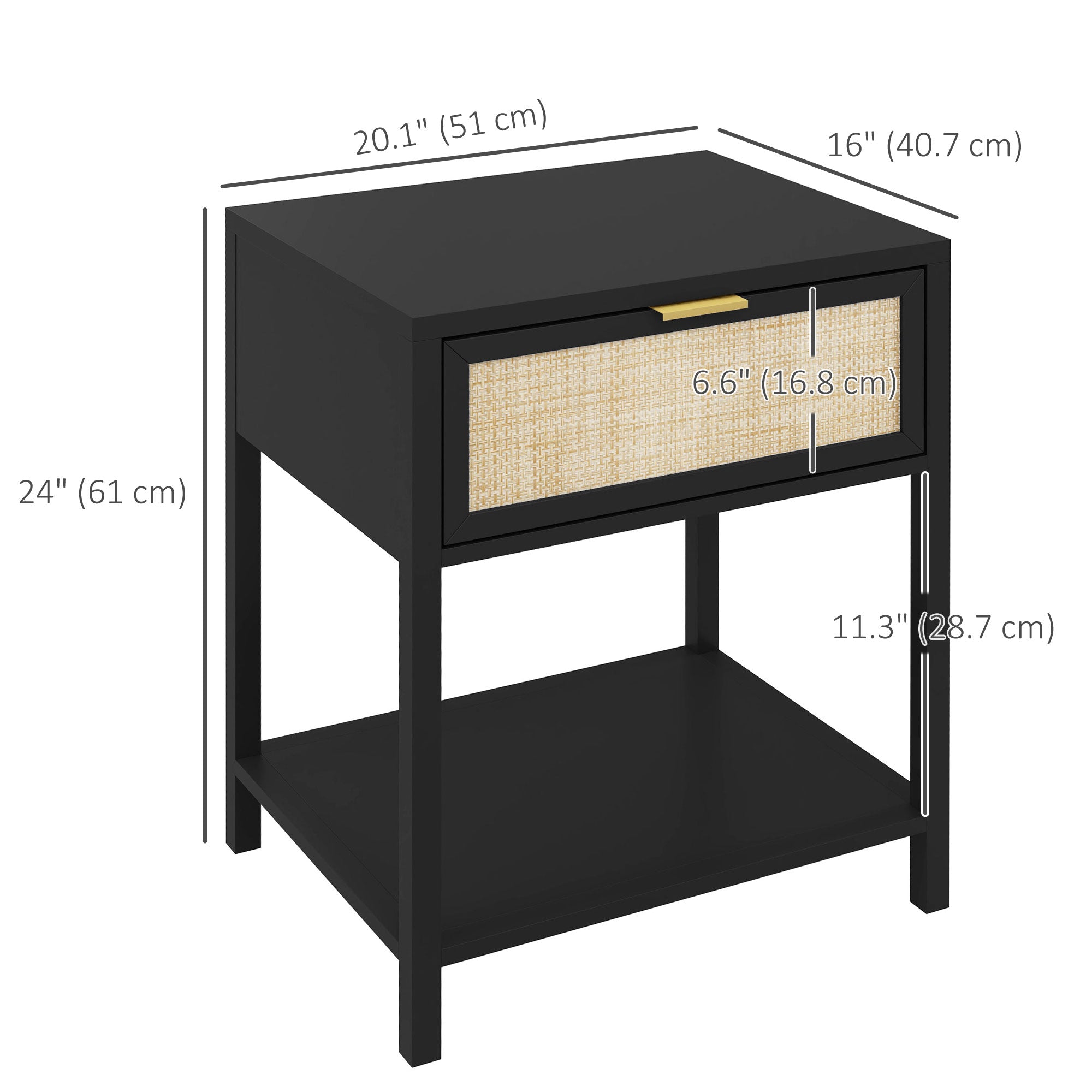 Boho Nightstand, Bedside Table with Rattan Drawer and Open Shelf, Side End Table for Bedroom, Living Room, Black Bedside Tables at Gallery Canada