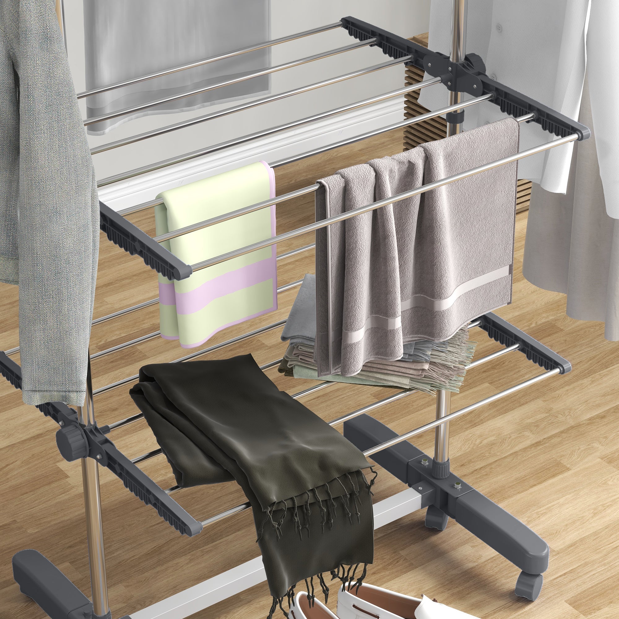 Garment Drying Rack Stainless Steel Folding Clothes Hanging Rack with Side Wings Castors for Indoor Outdoor Grey Bath Accessories at Gallery Canada