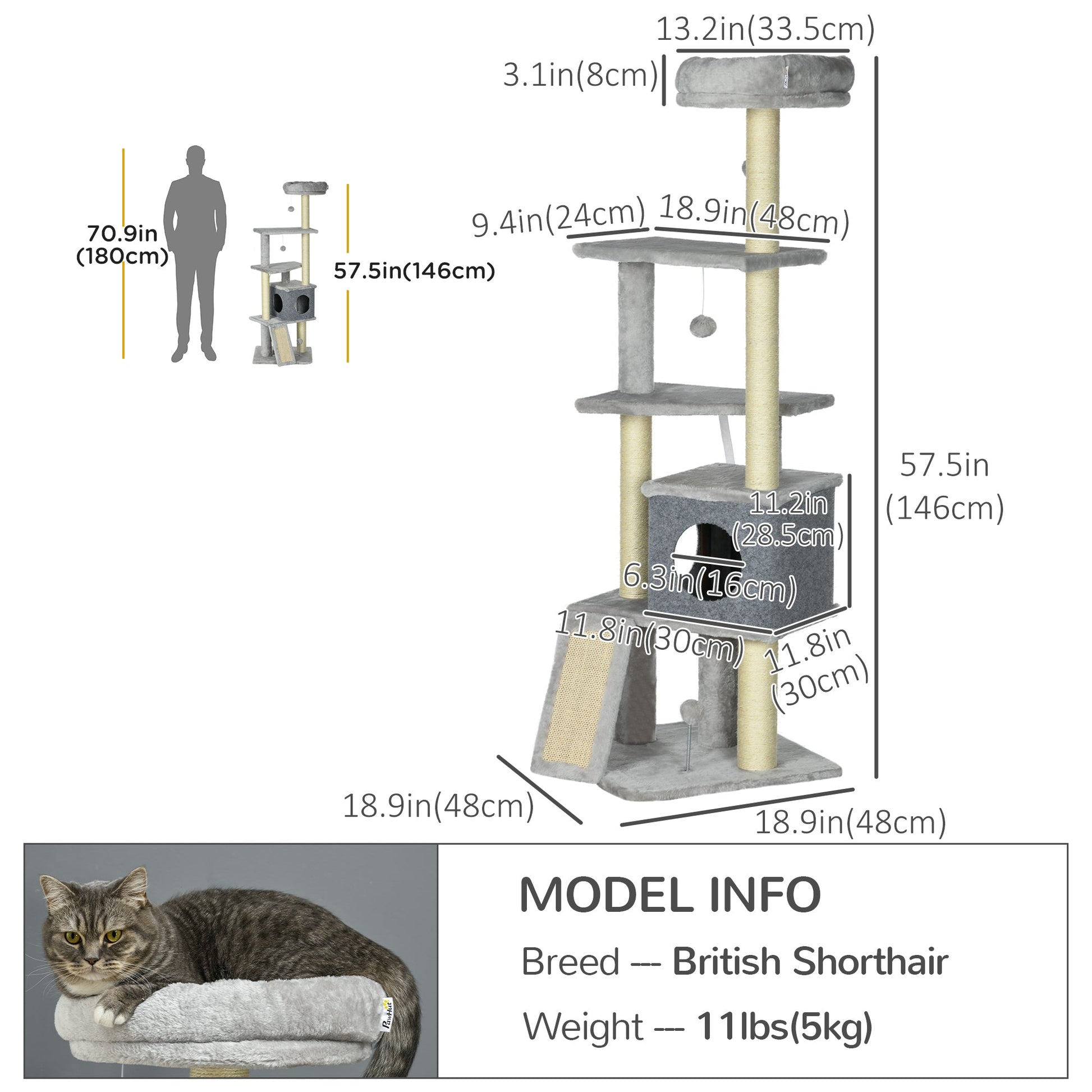 57.5" Cat Tree with Scratching Posts, Large Cat Tower for Indoor Cats with Bed, House, Toys, Grey Cat Posts   at Gallery Canada