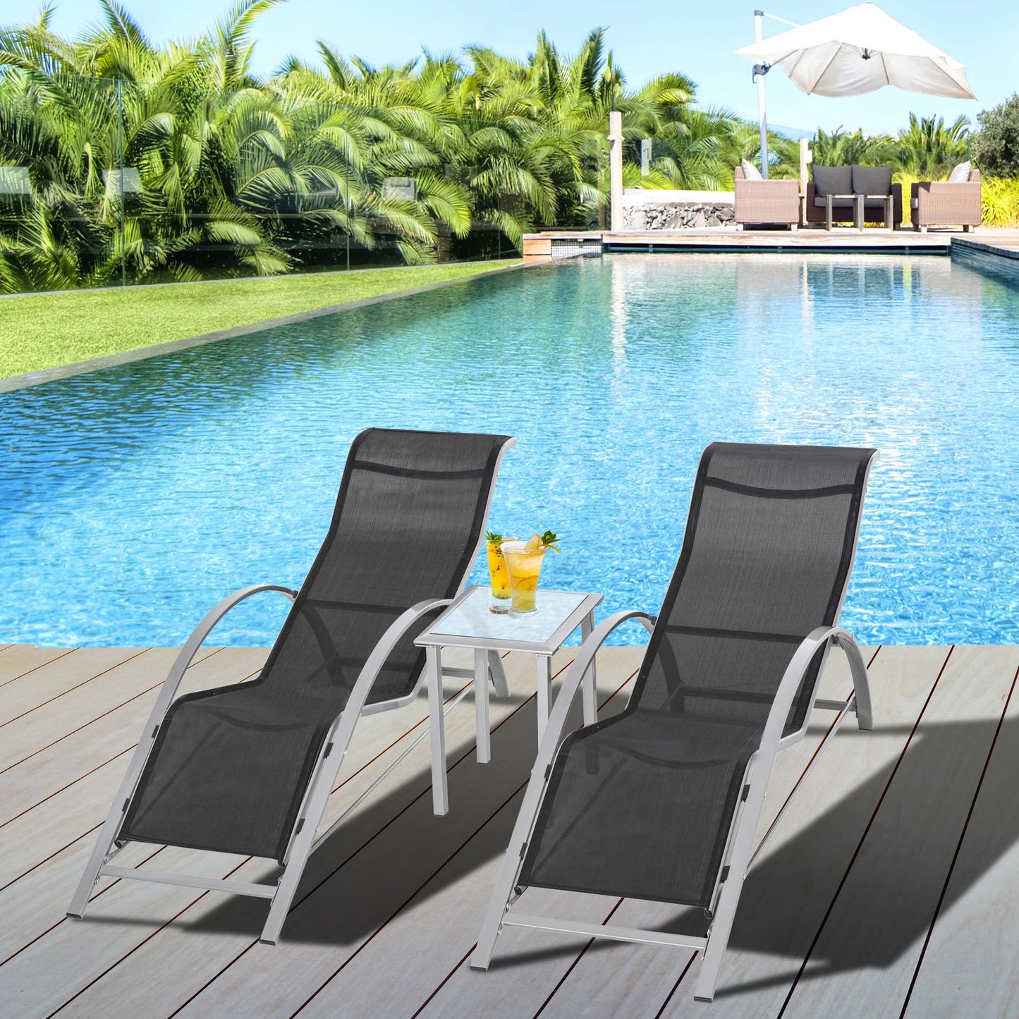 3 Pieces Patio Pool Lounge Chairs Set, Outdoor Chaise lounge with 2 S-Shaped Sunbathing Chairs and a Glass Top Table, for Yard Garden, Black Lounger Chairs   at Gallery Canada