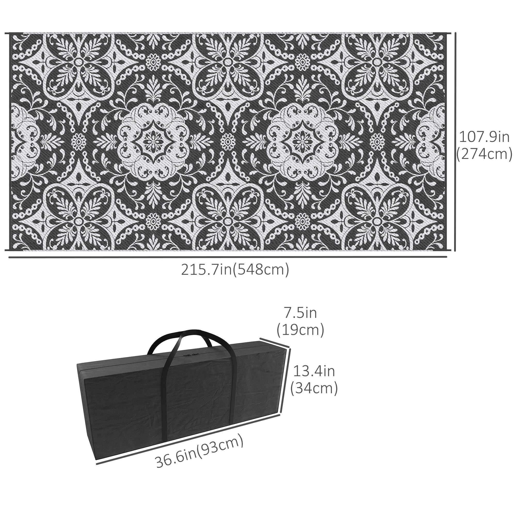 Portable Outdoor Rug with Carry Bag, 9' x 18' Reversible Mat, Waterproof Plastic Straw RV Rug for Backyard, Deck, Picnic, Beach, Camping, Gray &; White Flower Outdoor Reversible Rugs at Gallery Canada