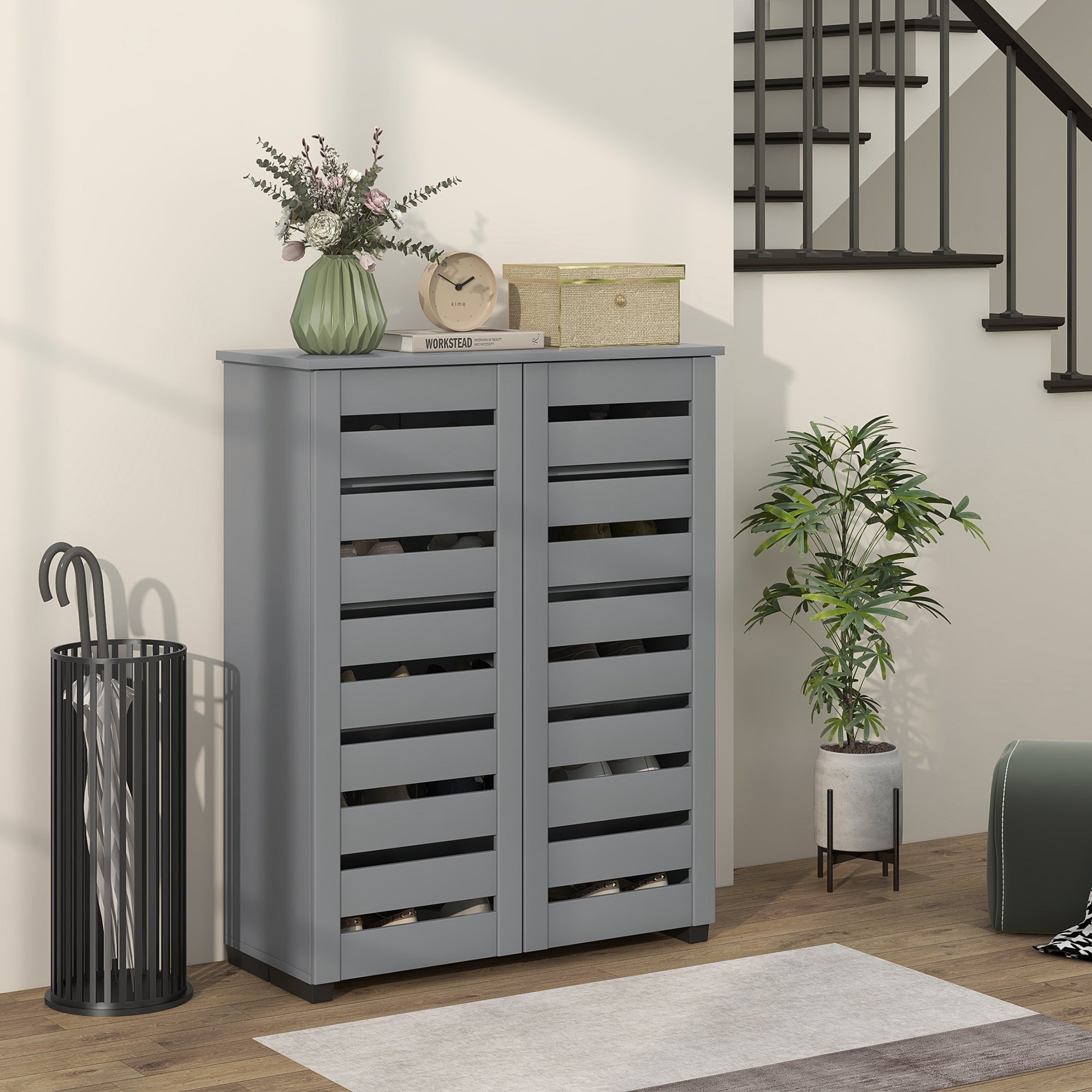 Shoe Storage Cabinet, Shoe Cabinet with 2 Slatted Doors for 15 Pairs of Shoes, Dark Grey Shoe Storage Cabinets & Racks   at Gallery Canada