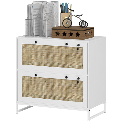 2-Drawer Filing Cabinet with Lock, Rattan File Cabinet with Adjustable Hanging Bar, White