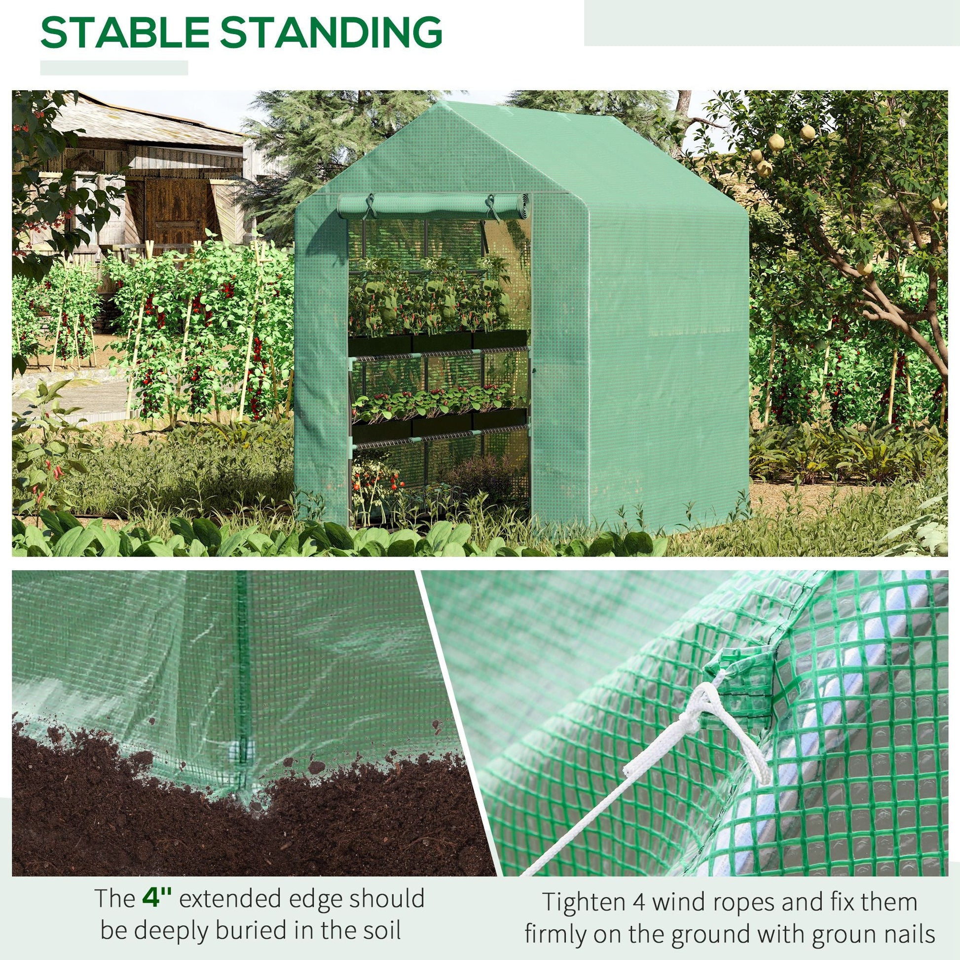 84"x 56" x 77" Walk-in Greenhouse 2-Tier Flower Rack Outdoor Plant Garden PE Cover Steel Frame with Roll up Door, Green Walk In Greenhouses   at Gallery Canada