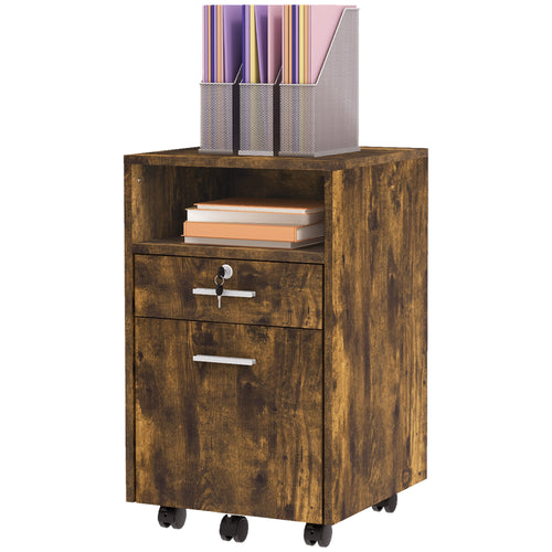 Small Filing Cabinet with 2 Drawers, Lockable Home Office Storage Cabinets on Wheels for A4, Letter Size, Rustic Brown