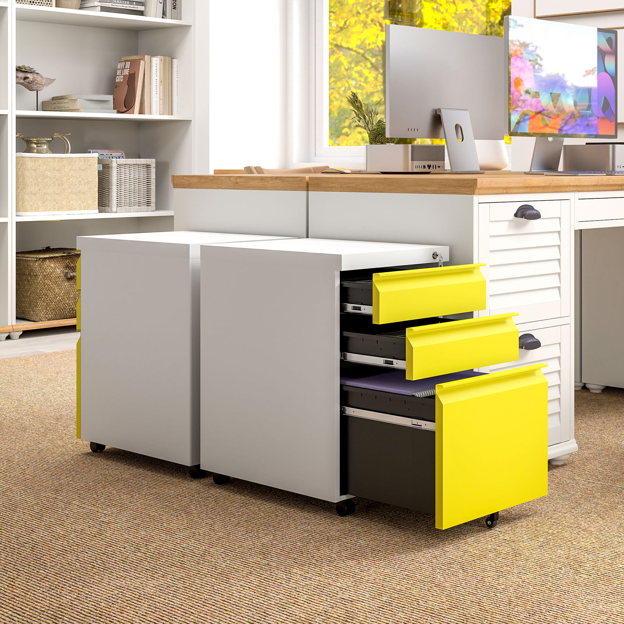 3 Drawer Filing Cabinet, Lockable Office Storage Cabinet on Wheels for Legal, Letter, A4 Files, Yellow Office Cabinets & Cupboards   at Gallery Canada