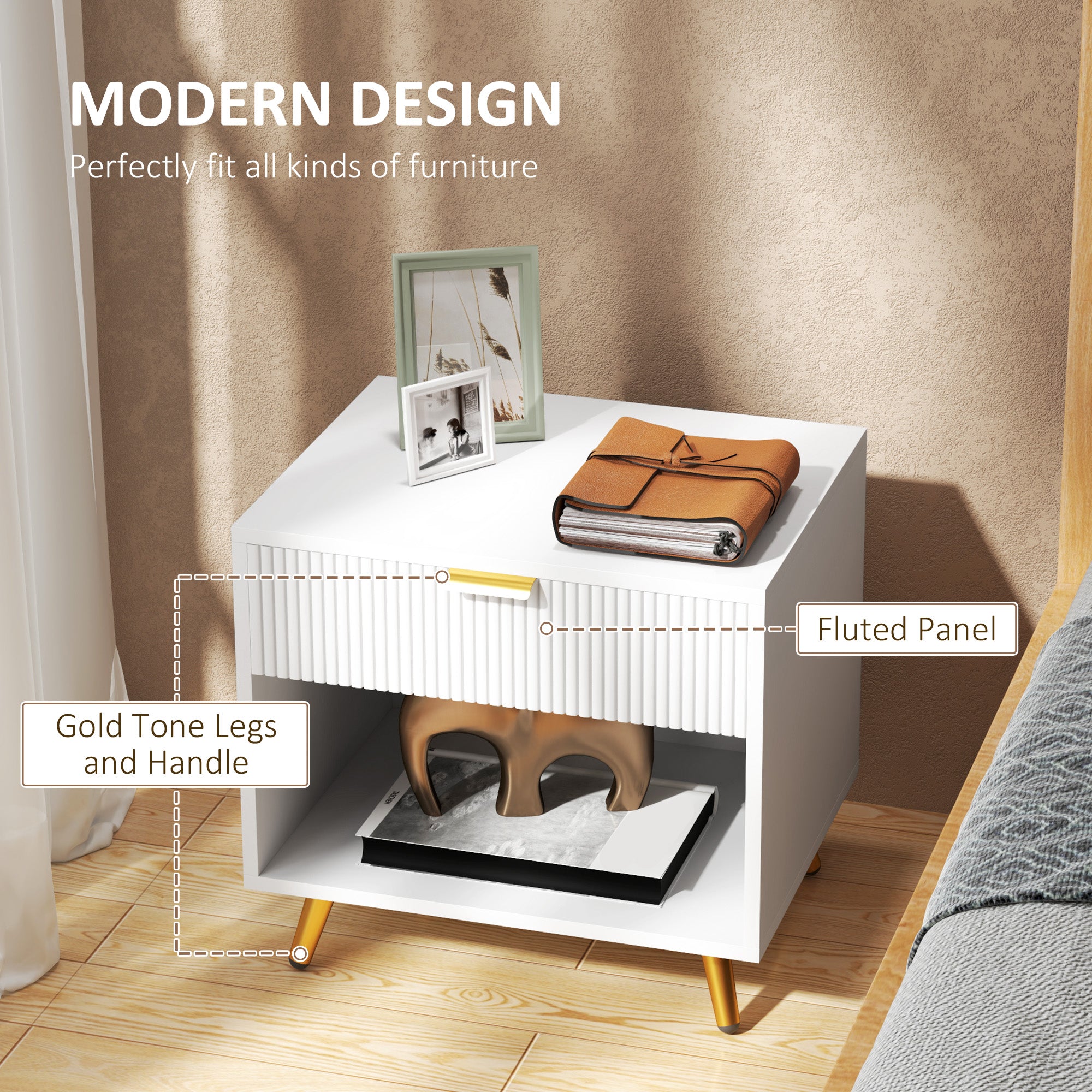 Nightstand with Fluted Panel, Bedside Table with Drawer and Open Compartment, Modern Night Table for Bedroom, White Bedside Tables at Gallery Canada