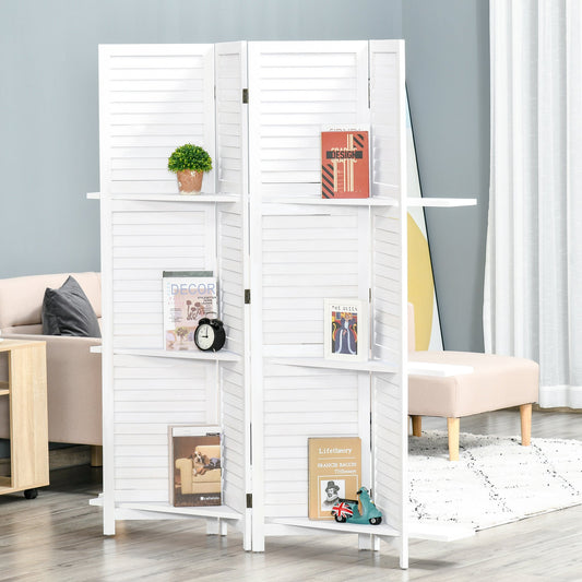 5.6ft 4-Panel Wood Room Divider, Folding Privacy Screen Indoor Panels with 3 Shelves for Bedroom Office, Blinds Style, White Room Dividers White  at Gallery Canada