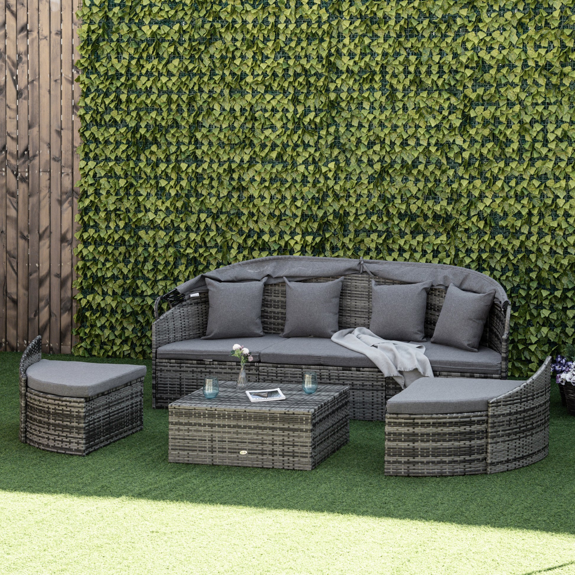 4 Pieces Patio PE Wicker Round Daybed, Outdoor Rattan Garden Lounge Furniture Sets, Grey Daybeds   at Gallery Canada