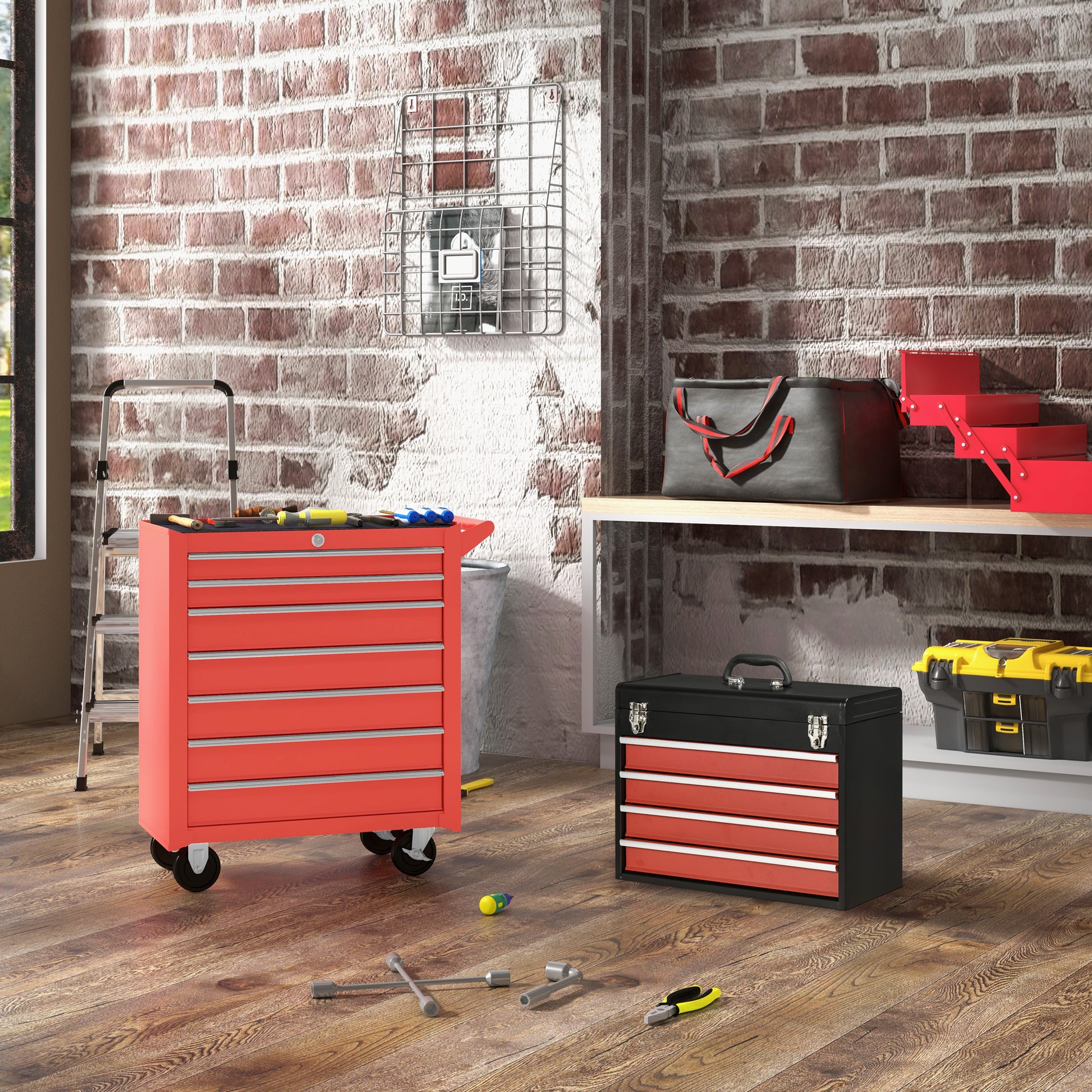 Lockable Tool Chest and Tool Box Set of 2, Cabinet on Wheels, Portable Tool Chest for Garage, Factory, Workshop, Red Tool Organizers Red  at Gallery Canada