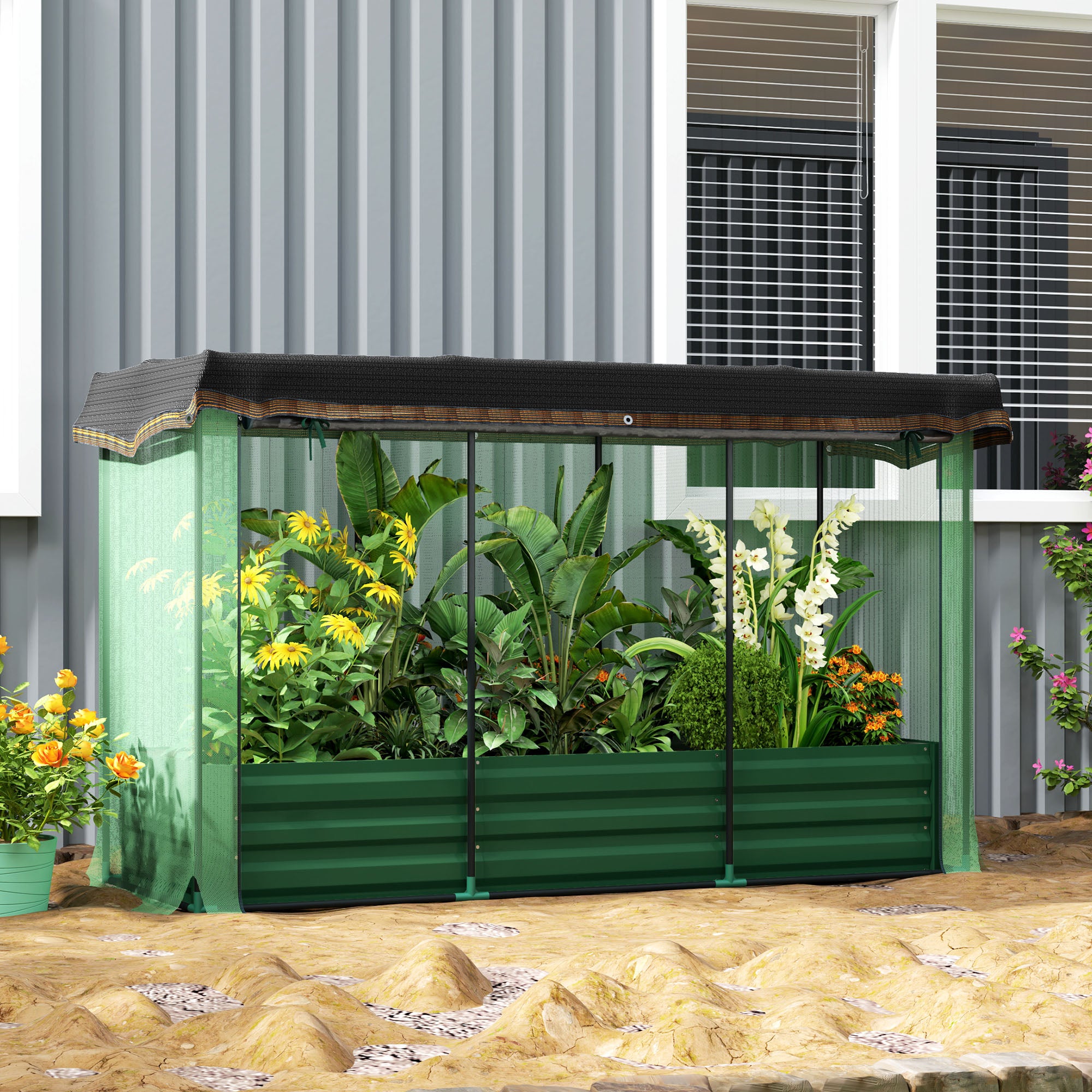 Galvanized Steel Planter Box with Crop Cage and Shade Cloth, Raised Garden Bed for Flowers, Vegs and Herbs, Green Raised Garden Beds at Gallery Canada
