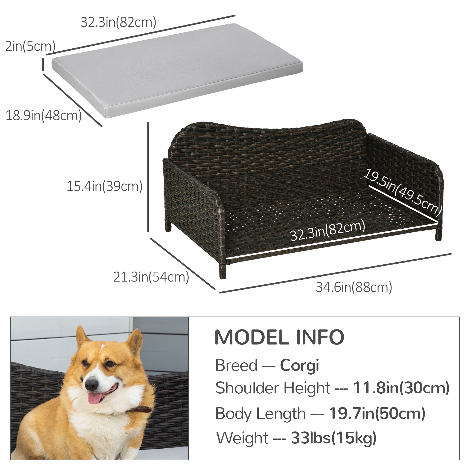 Rattan Pet Sofa for Large &; Medium Dogs, Indoor &; Outdoor Raised Wicker Dog Bed, Cat Couch, with Soft Washable Cushion, Charcoal Grey Dog Sofas at Gallery Canada