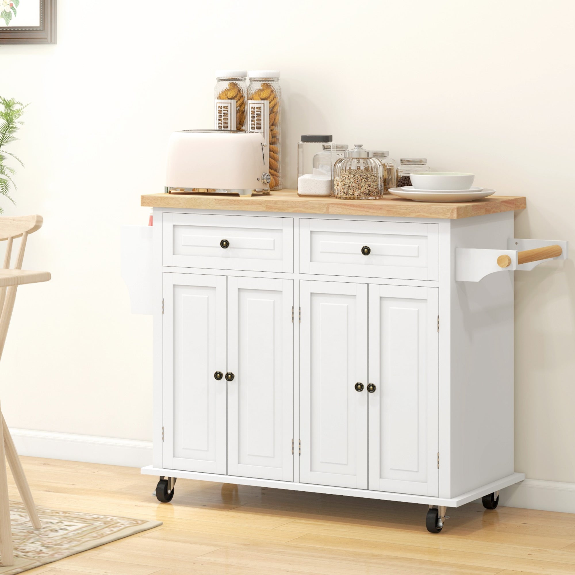 Kitchen Island with Storage, Rolling Trolley Cart with Rubber Wood Top, Spice Rack, Towel Rack, Cream White Kitchen Islands & Kitchen Carts   at Gallery Canada