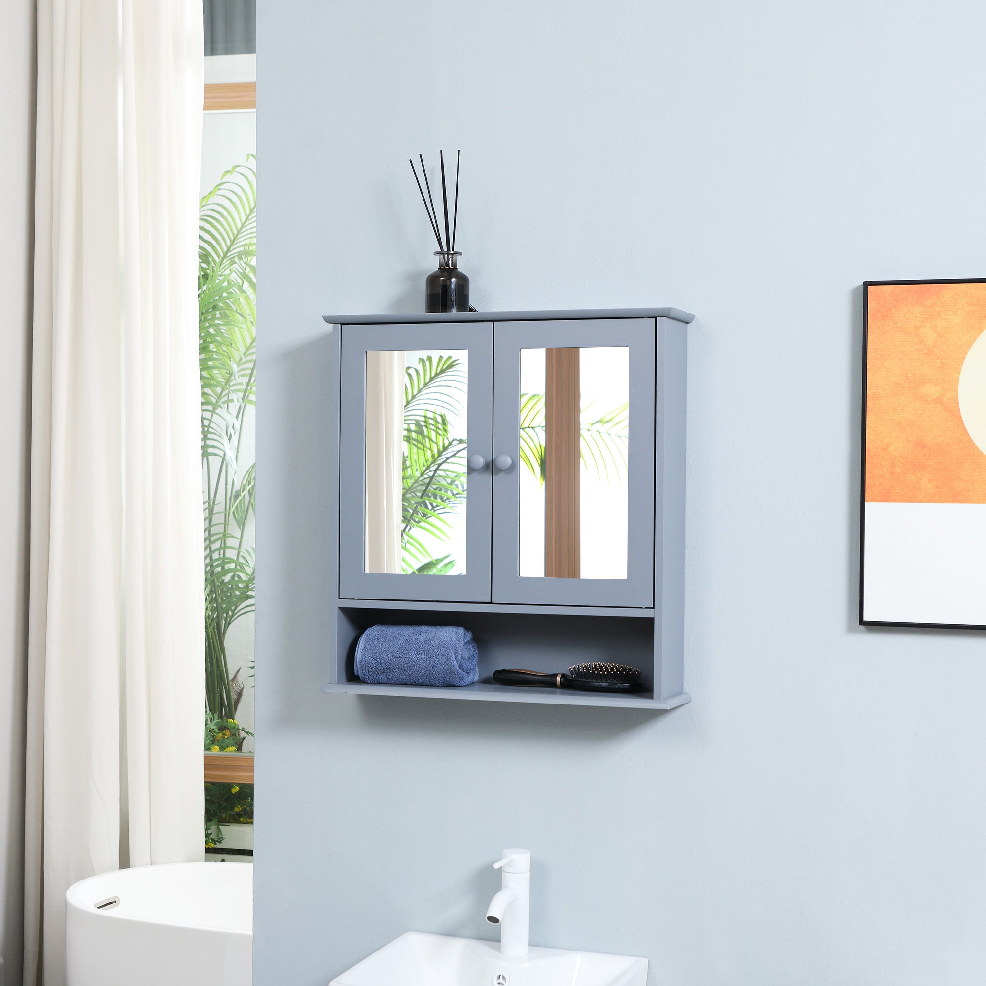Medicine Cabinet, Wall-Mounted Bathroom Mirror Cabinet with Double Doors, Open Shelf, and Adjustable Shelf, Modern Bathroom Wall Cabinet, Grey Mirror Medicine Cabinets at Gallery Canada