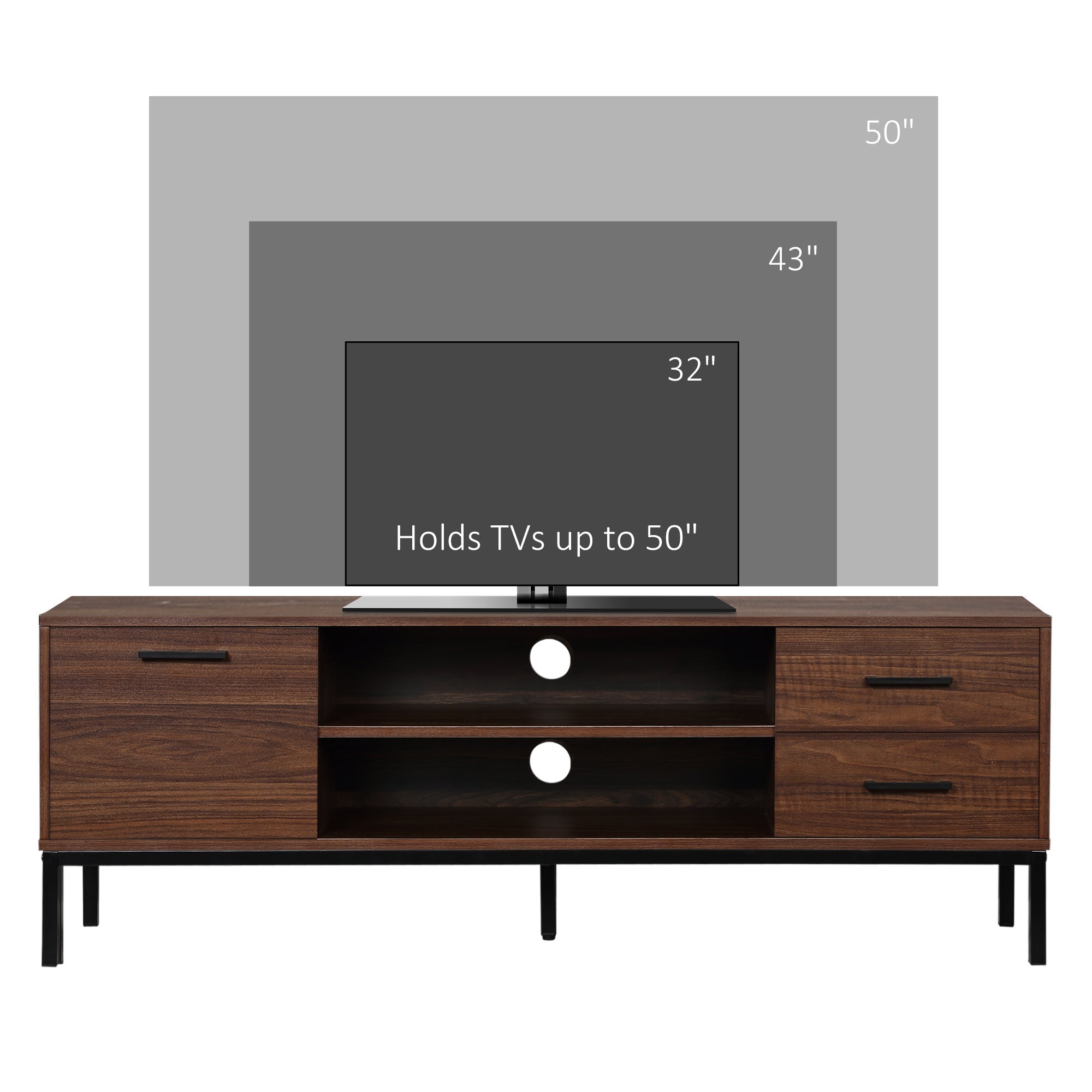 TV Stand for TV up to 50 Inches, TV Cabinet with Door, Open Storage and Drawers, TV Table with Steel Legs, Dark Walunt TV Stands   at Gallery Canada