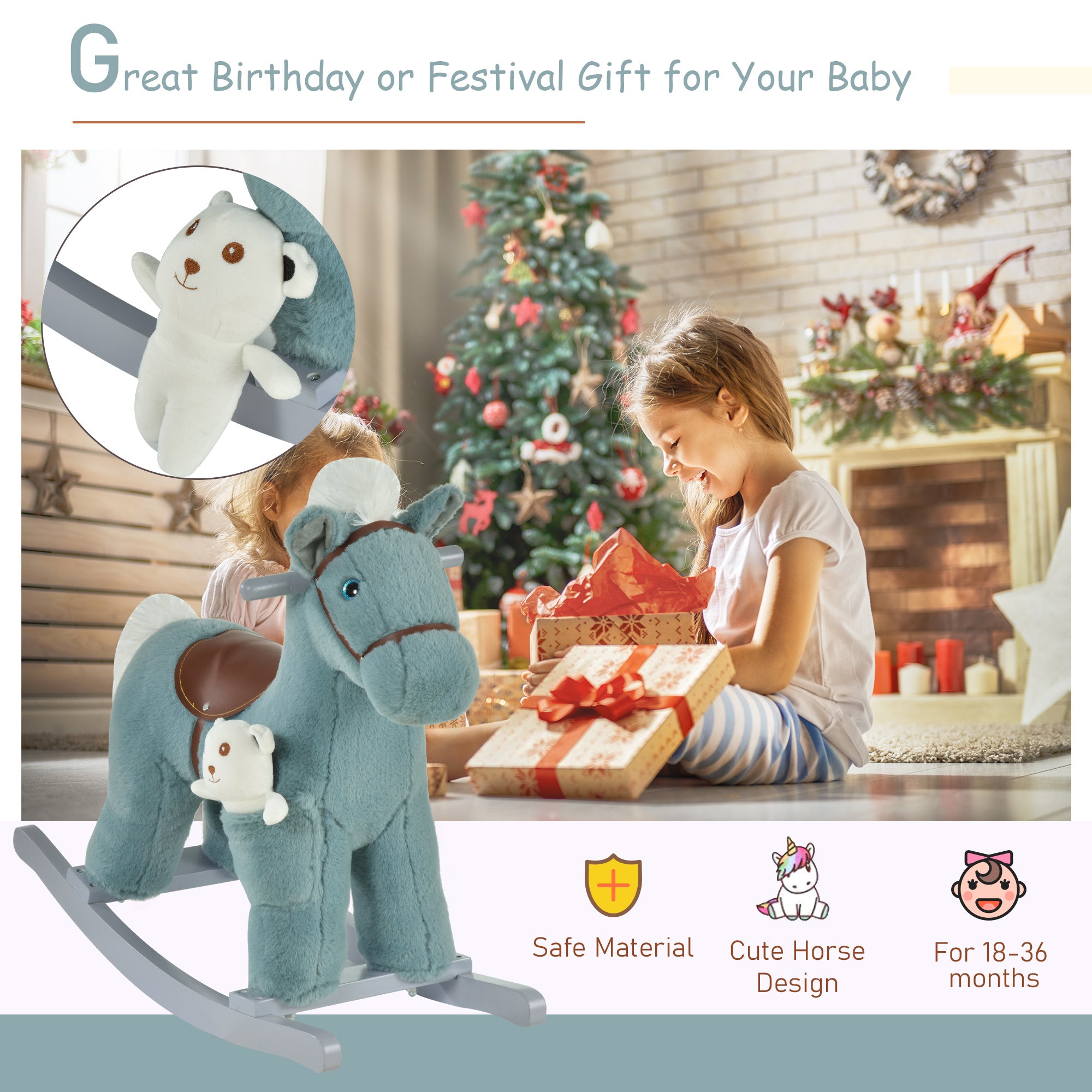 Kids Plush Ride-On Rocking Horse with Bear Toy, Children Chair with Soft Plush Toy &; Fun Realistic Sounds, Blue Rocking Horses at Gallery Canada
