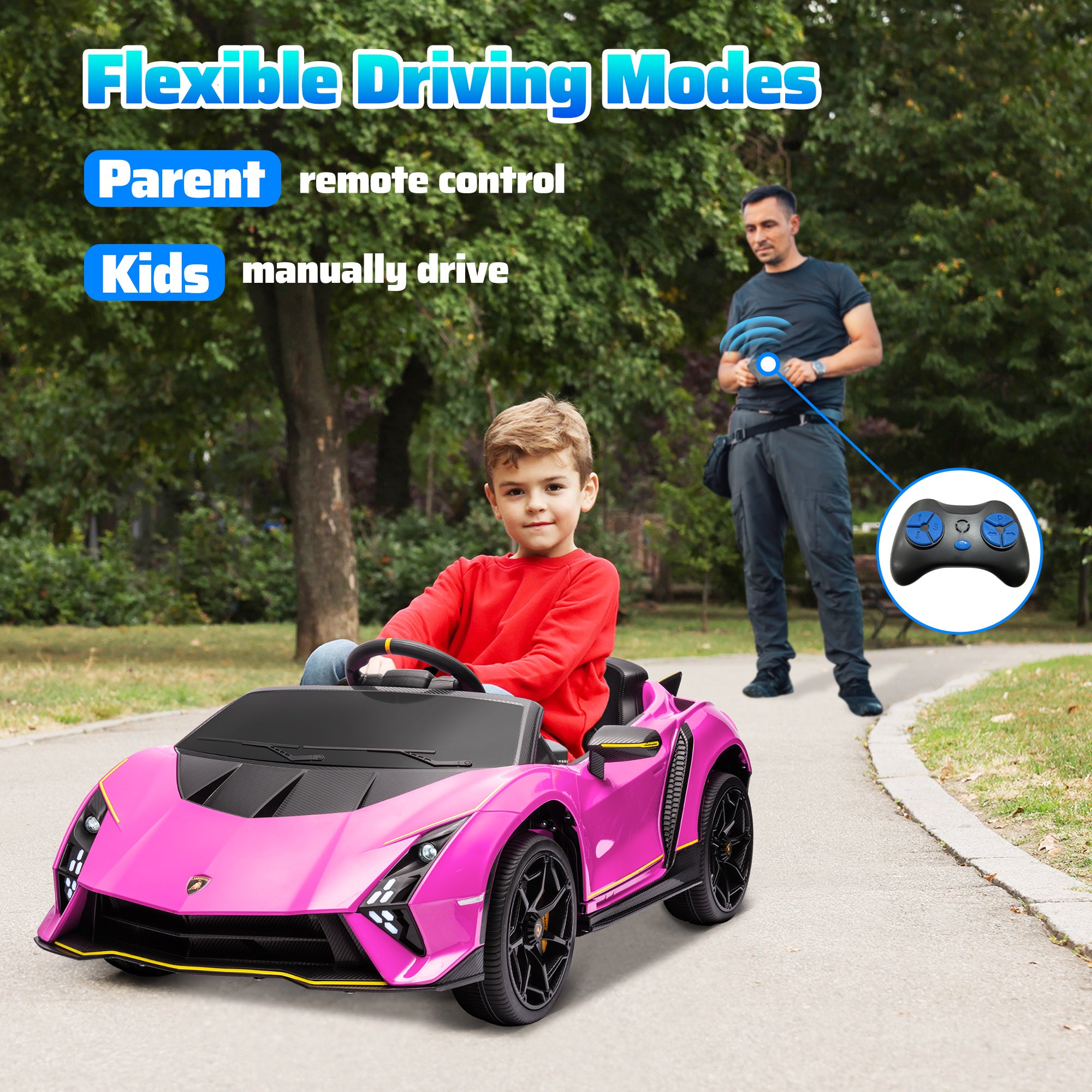 12V Lamborghini Autentica Licensed Kids Car with Remote Control, 4 Wheels Spring Suspension, Soft Start, Pink Electric Toy Cars   at Gallery Canada