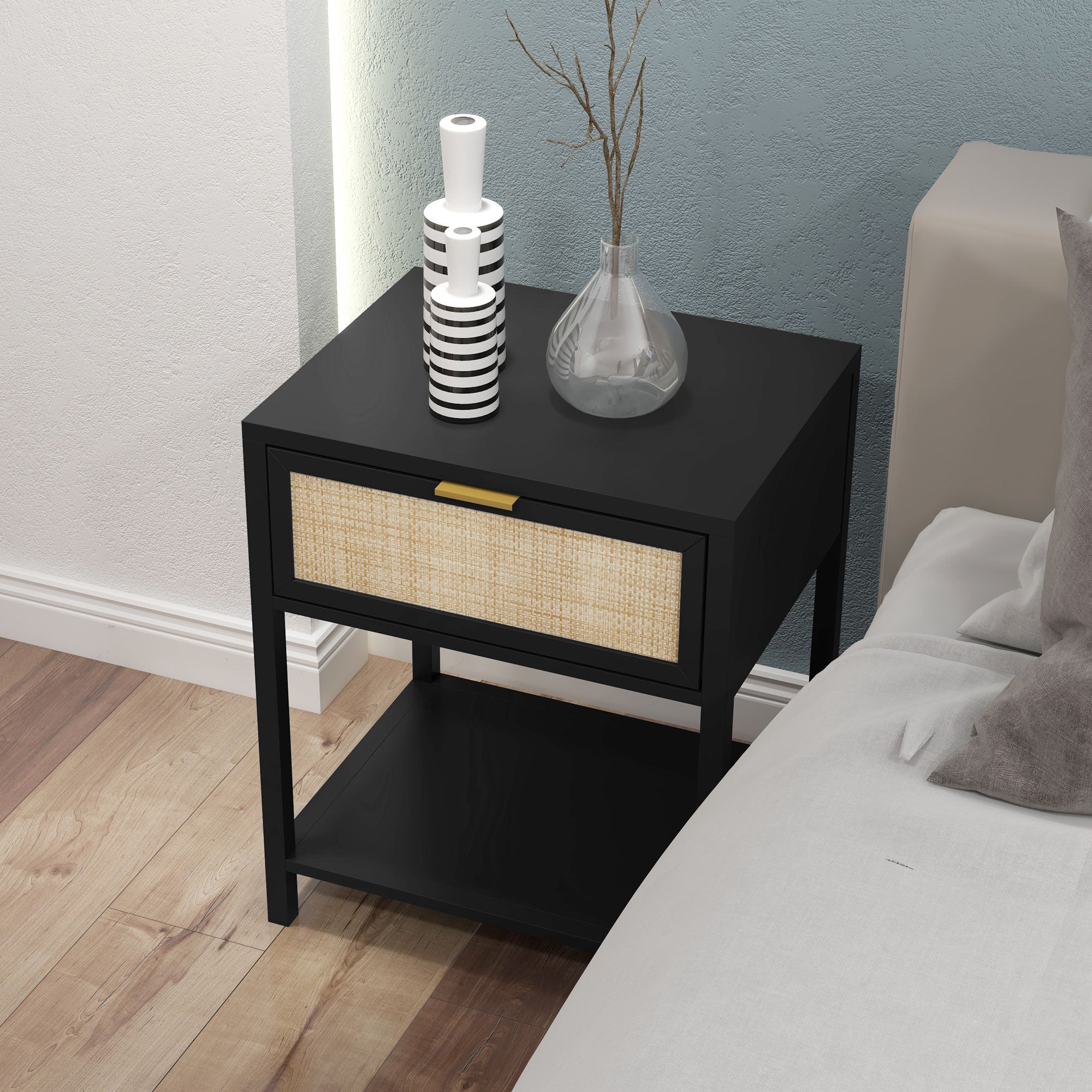 Boho Nightstand, Bedside Table with Rattan Drawer and Open Shelf, Side End Table for Bedroom, Living Room, Black Bedside Tables at Gallery Canada