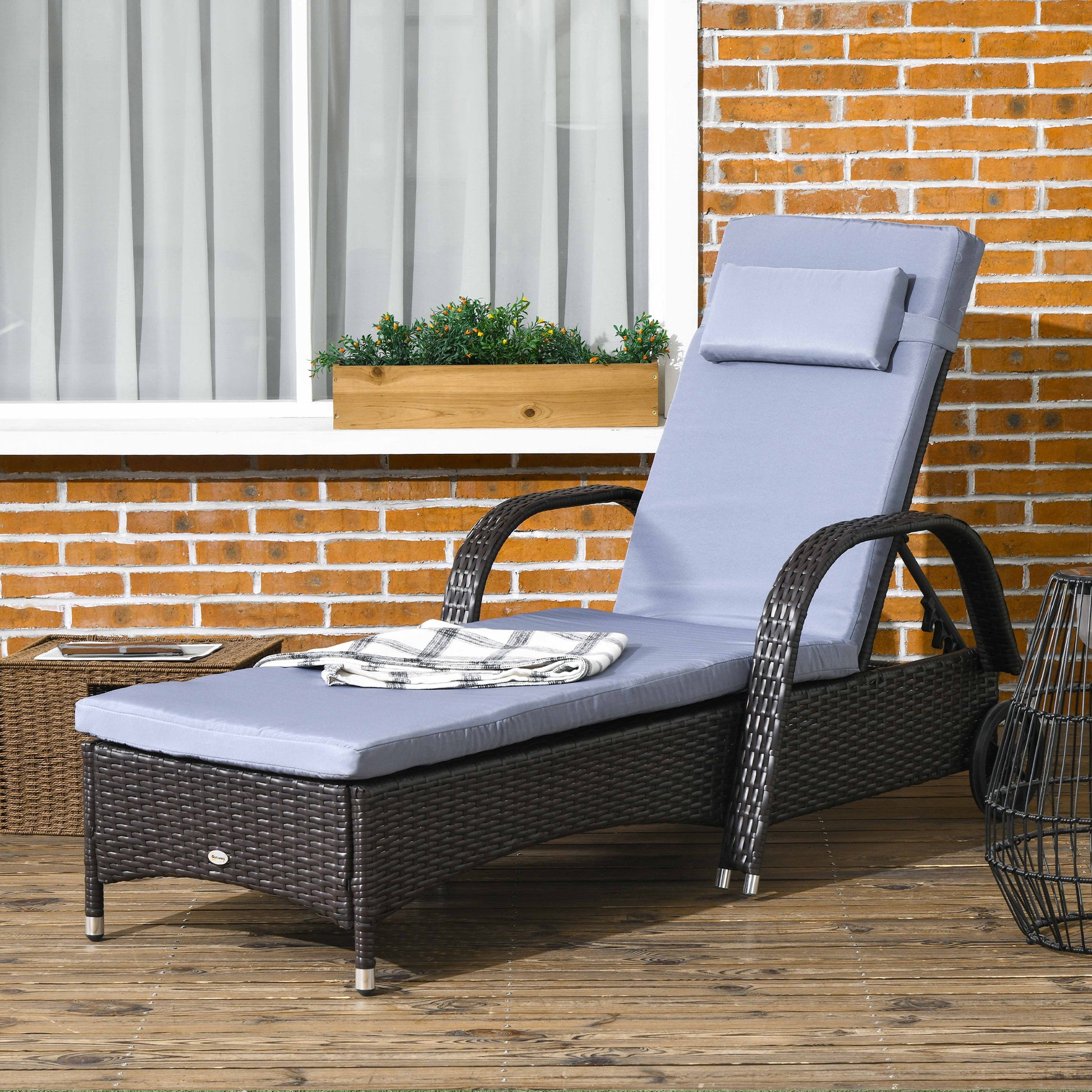 Outdoor Lounger, Deck Lounge Chair with Headrest, 5-Level Adjustable, Backrest, Wheels, Deep Coffee and Light Grey Chaise Loungers   at Gallery Canada