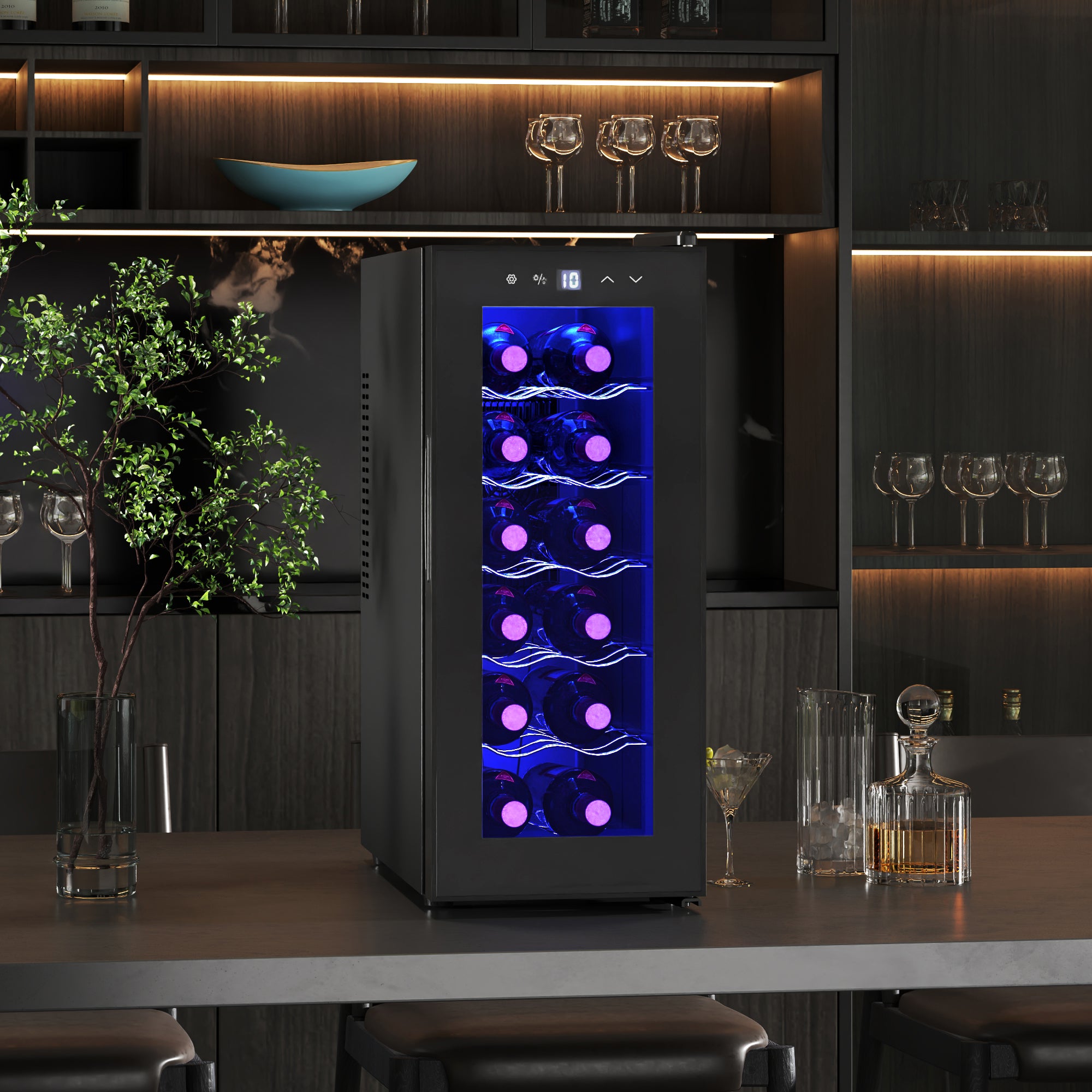 Wine Fridge, 12 Bottle, Under Counter Drinks Beer Wine Cooler with Glass Door, LED Light, Temperature Control Small Kitchen Appliances at Gallery Canada