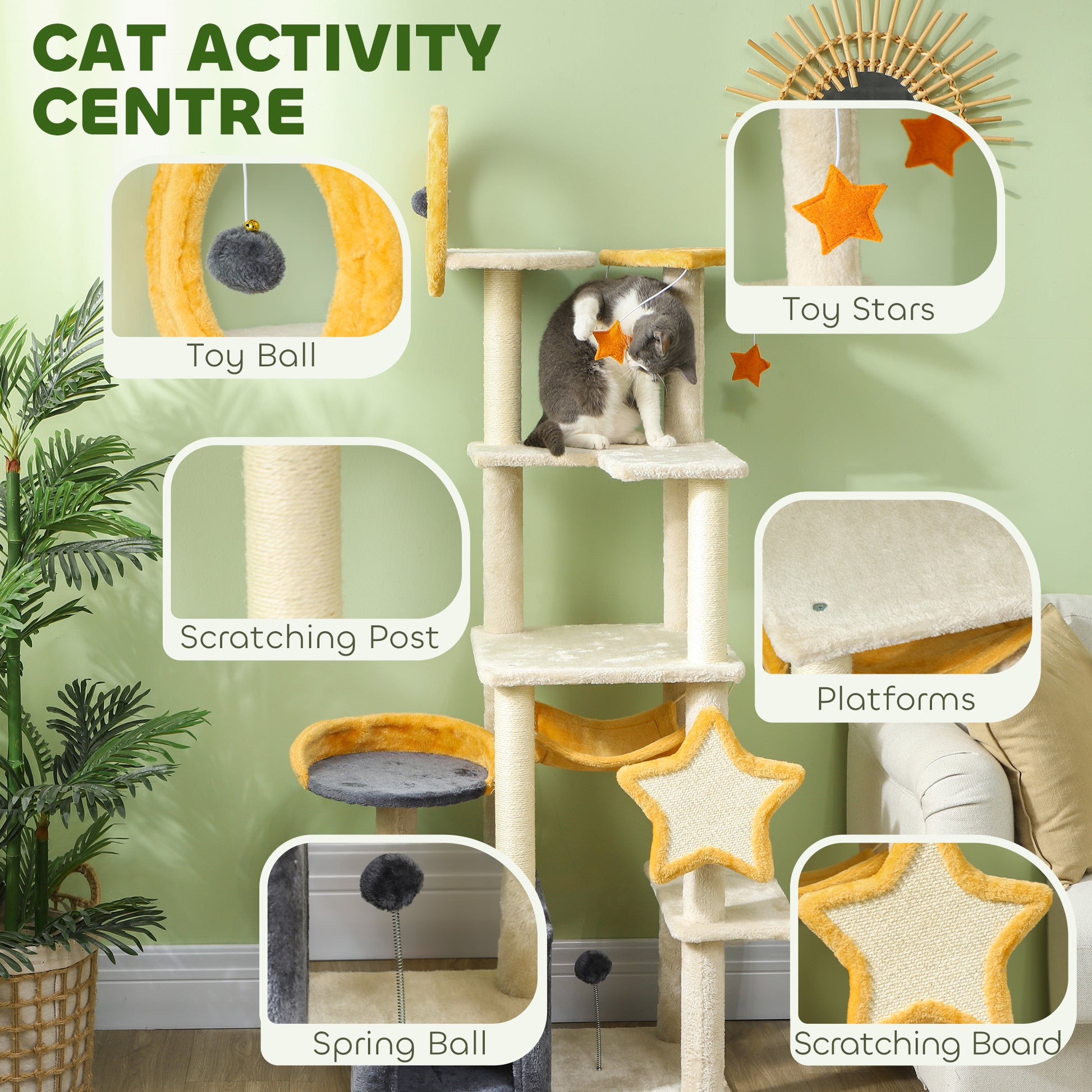 Star and Moon Themed Cat Tree with Cat Scratching Posts, Cat Condo, Bed, Scratching Board, Cat Toys, Beige Cat Towers   at Gallery Canada