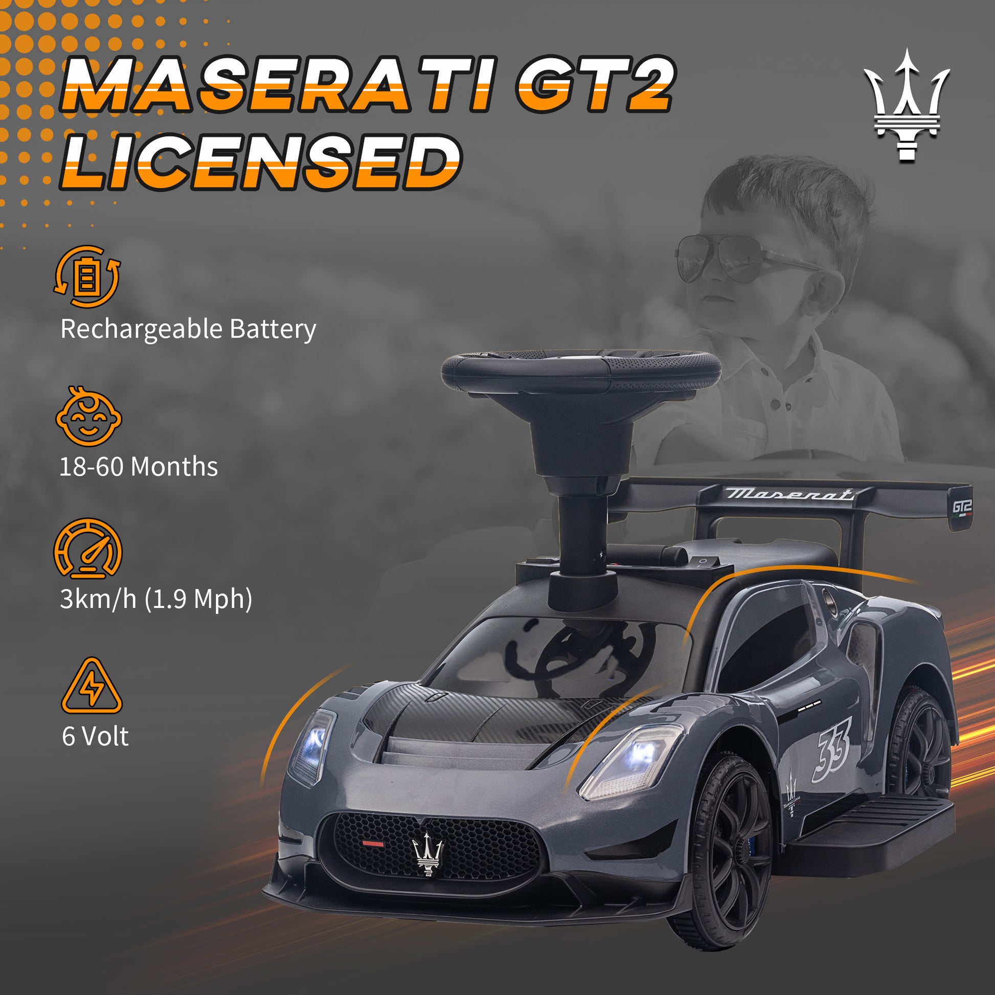 6V Maserati GT2 Licensed Electric Car for Kids, Ride on Car with Under Seat Storage, LED Headlights Music, Grey Electric Toy Cars   at Gallery Canada