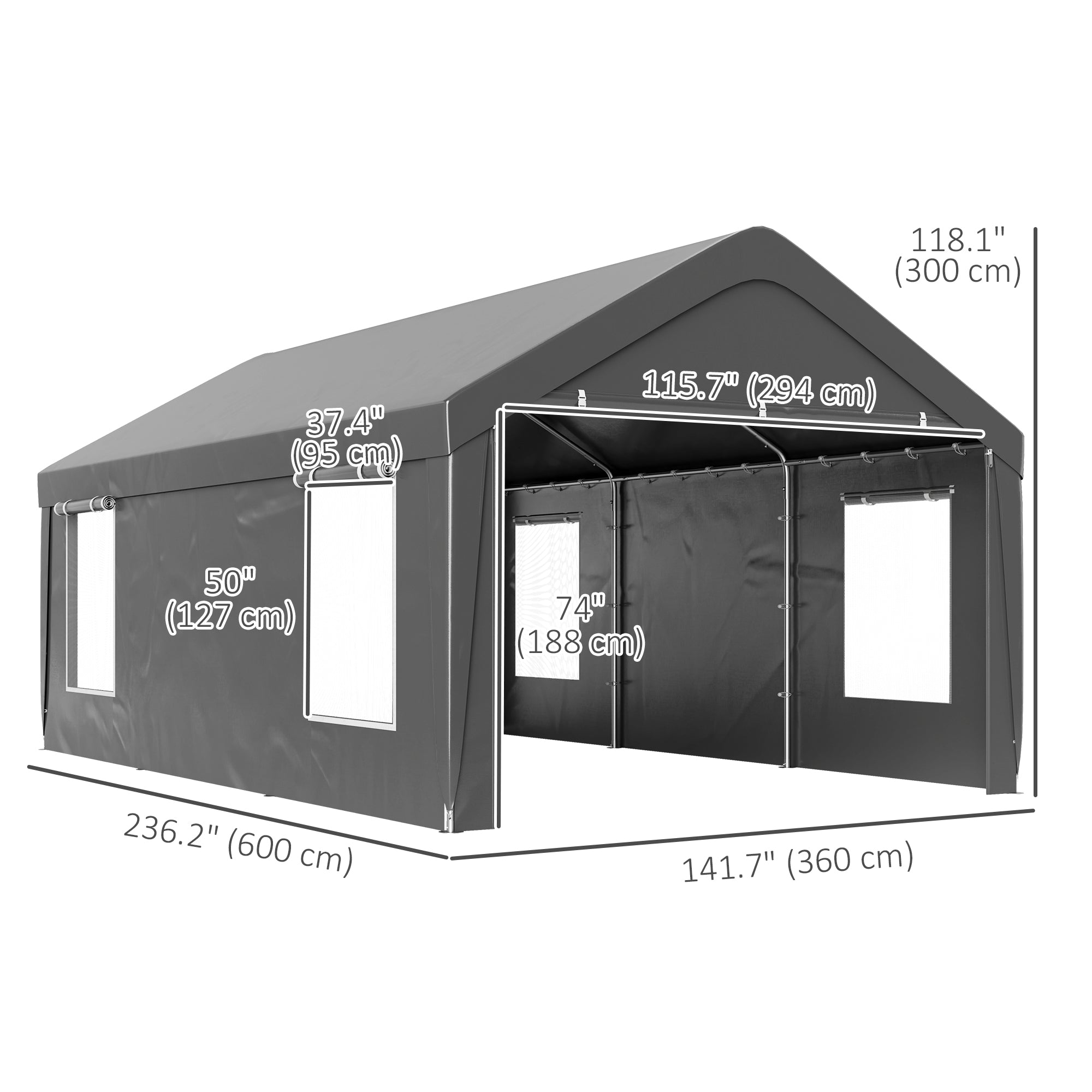 12 x 20ft Carport with 2 Roll-Up Doors, 4 Windows, Portable Garage with Removable Sidewalls for Car, Truck, Dark Grey Car Shelters at Gallery Canada