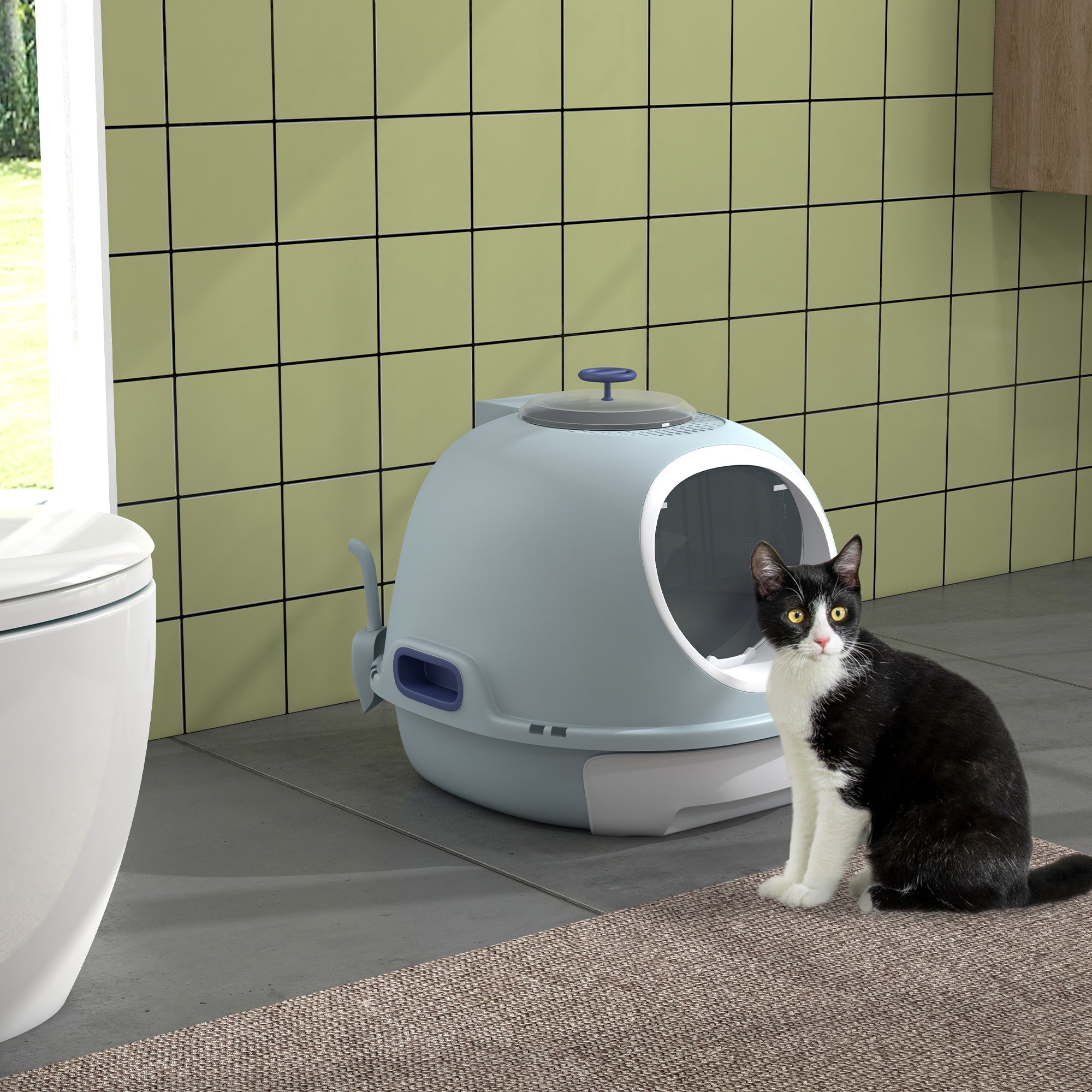 Cat Litter Box Toilet with Lid, Covered Litter Box with Scoop, Enclosed Drawer and Skylight, Blue Cat Litter Box Enclosures Blue  at Gallery Canada