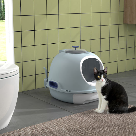 Cat Litter Box Toilet with Lid, Covered Litter Box with Scoop, Enclosed Drawer and Skylight, Blue Cat Litter Box Enclosures   at Gallery Canada