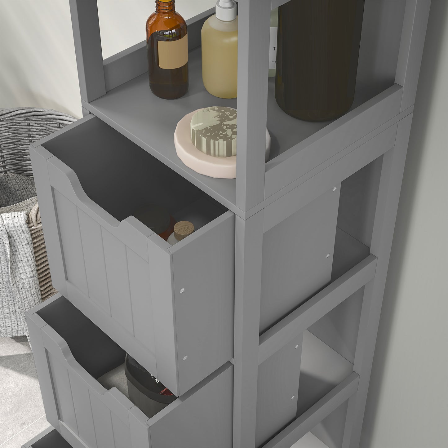 Narrow Bathroom Cabinet with 3 Drawers and 2 Tier Shelf, Tall Cupboard Freestanding Linen Tower, Grey Bathroom Cabinets   at Gallery Canada