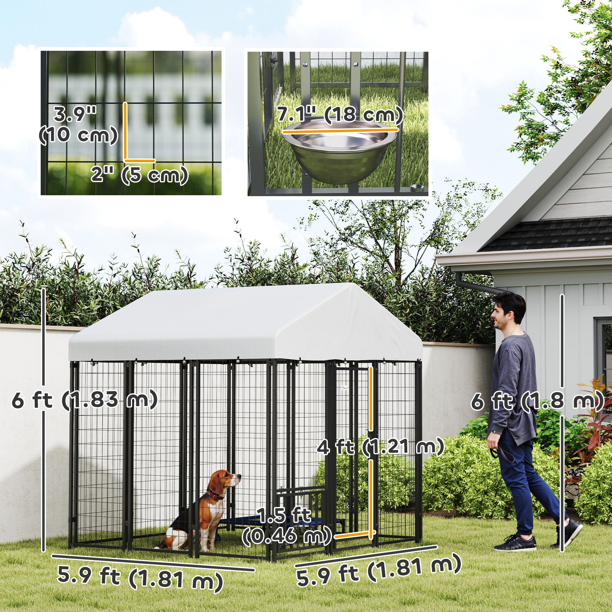 Outdoor Dog Kennel with Waterproof UV-Resistant Cover, Rotating &; 4-Level Adjustable Feeding Bowls, 5.9 x 5.9 x 6 ft Houses, Kennels & Pens at Gallery Canada
