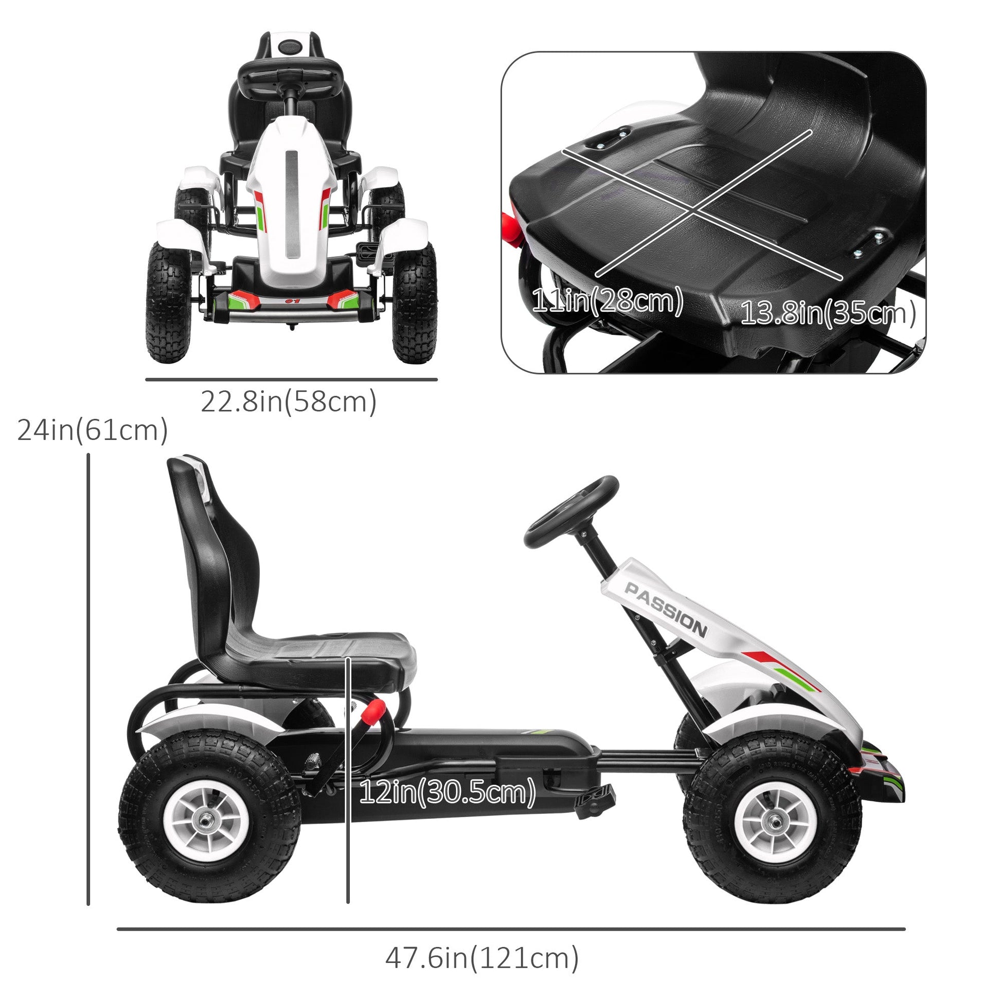 Pedal Go Kart for Kids, Pedal Car with Adjustable Bucket, Handbrake, 4 Rubber Wheels Powered Ride, Indoor Foot Racer, Aged 5-12 Years Old, White Pedal Go Karts for Kids   at Gallery Canada