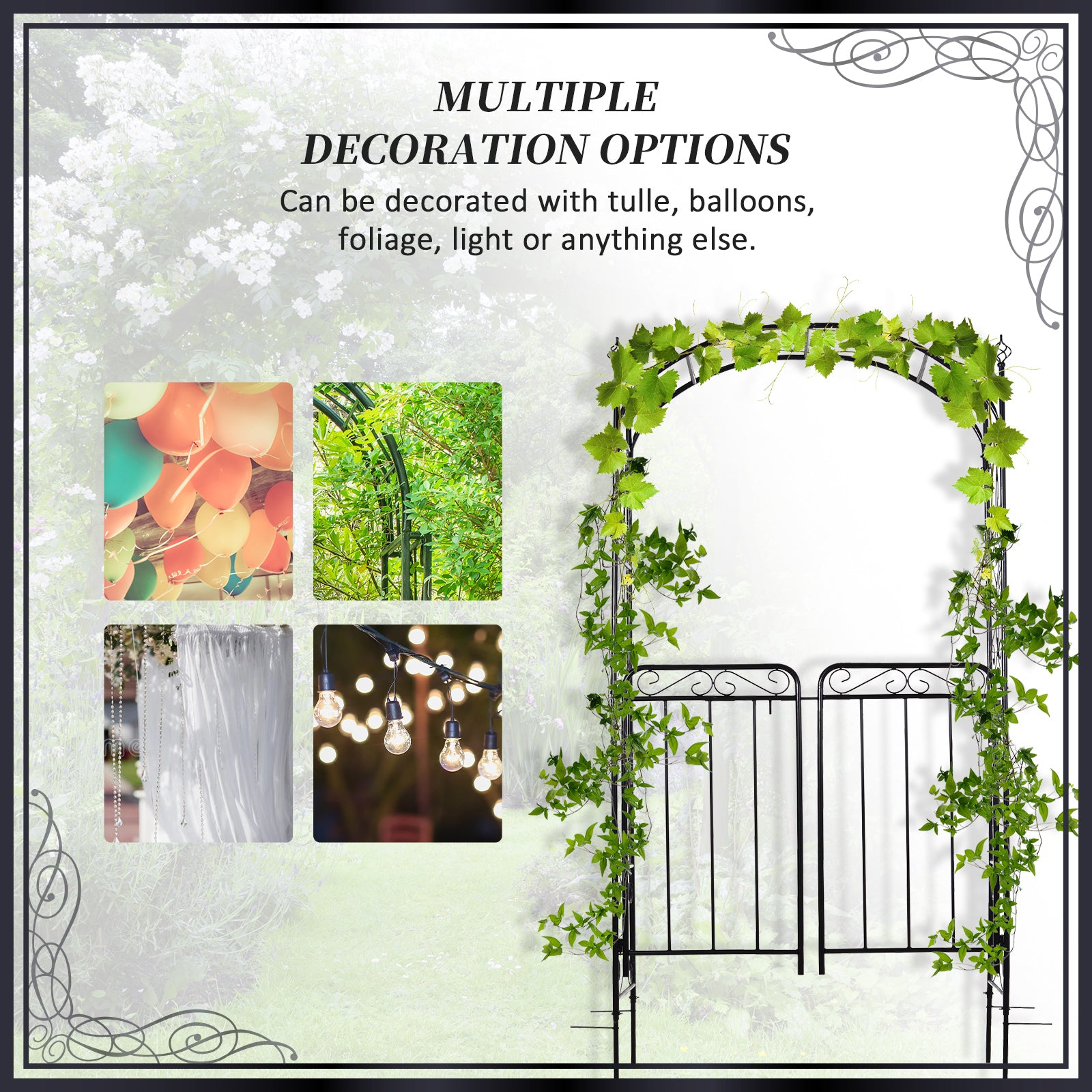 7' Metal Garden Arbor Arch with Scrollwork Doors for Ceremony, Weddings, Party, Backyard, Lawn Garden Arches at Gallery Canada