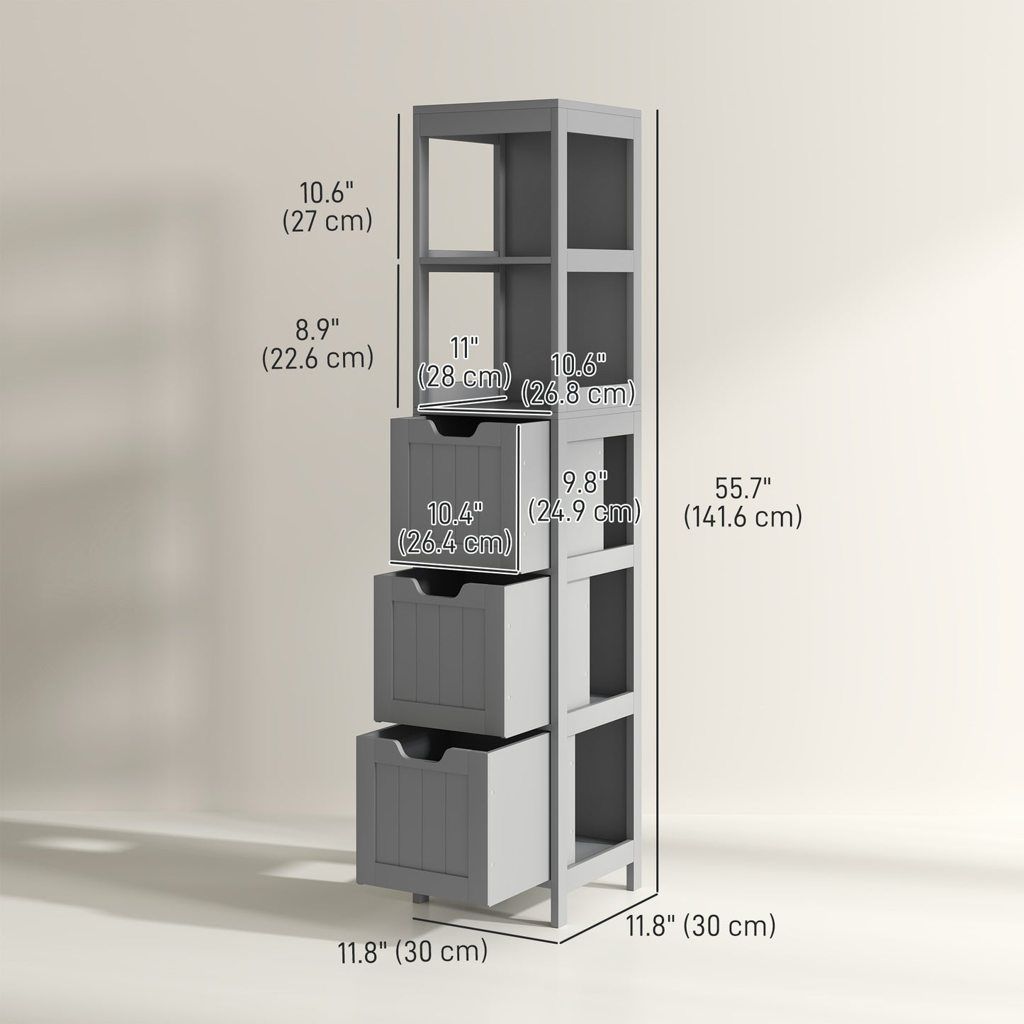 Narrow Bathroom Cabinet with 3 Drawers and 2 Tier Shelf, Tall Cupboard Freestanding Linen Tower, Grey Bathroom Cabinets   at Gallery Canada