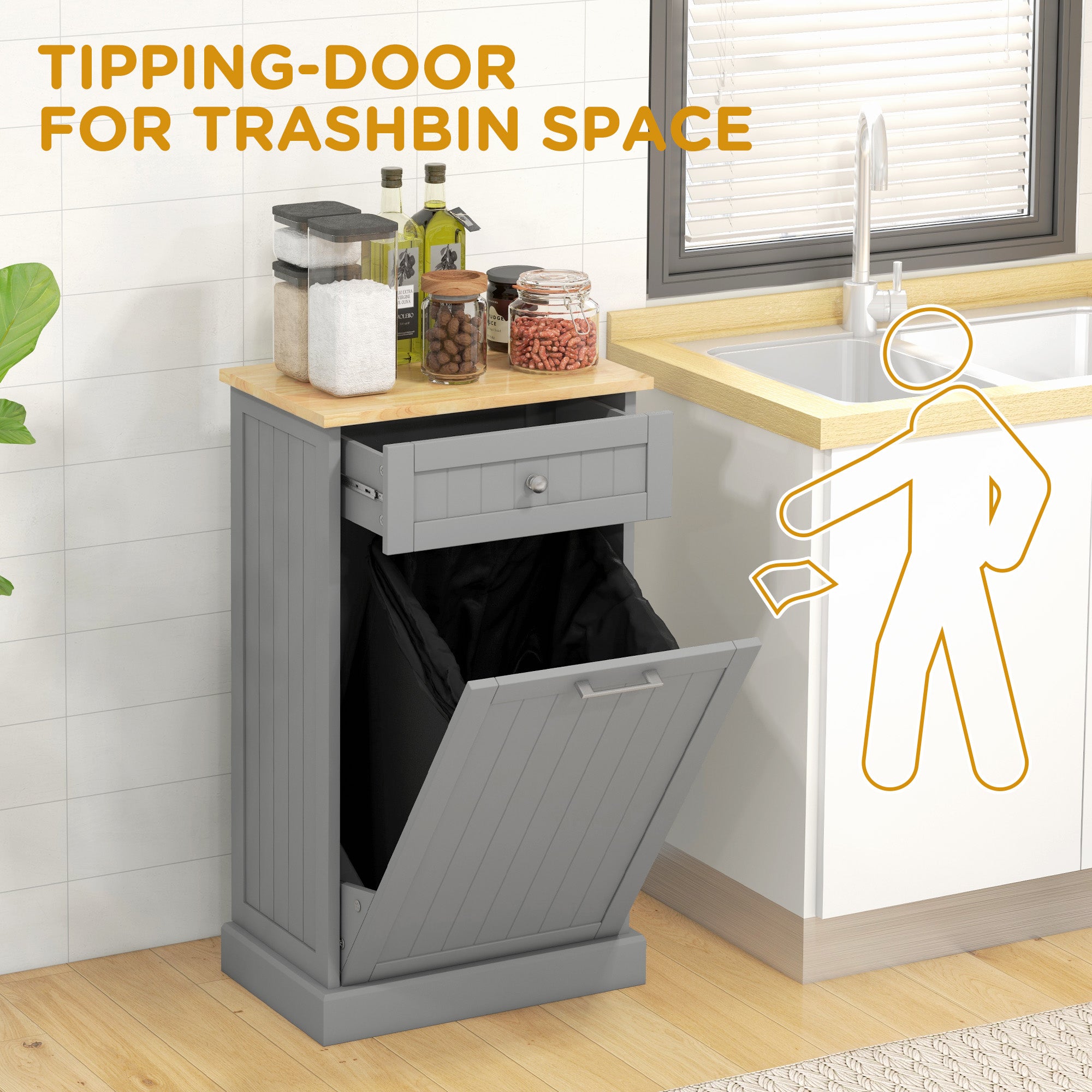Kitchen Tilt Out Trash Bin Cabinet, Free Standing Recycling Cabinet, Trash Can Holder with Drawer, Grey Storage Cabinets at Gallery Canada