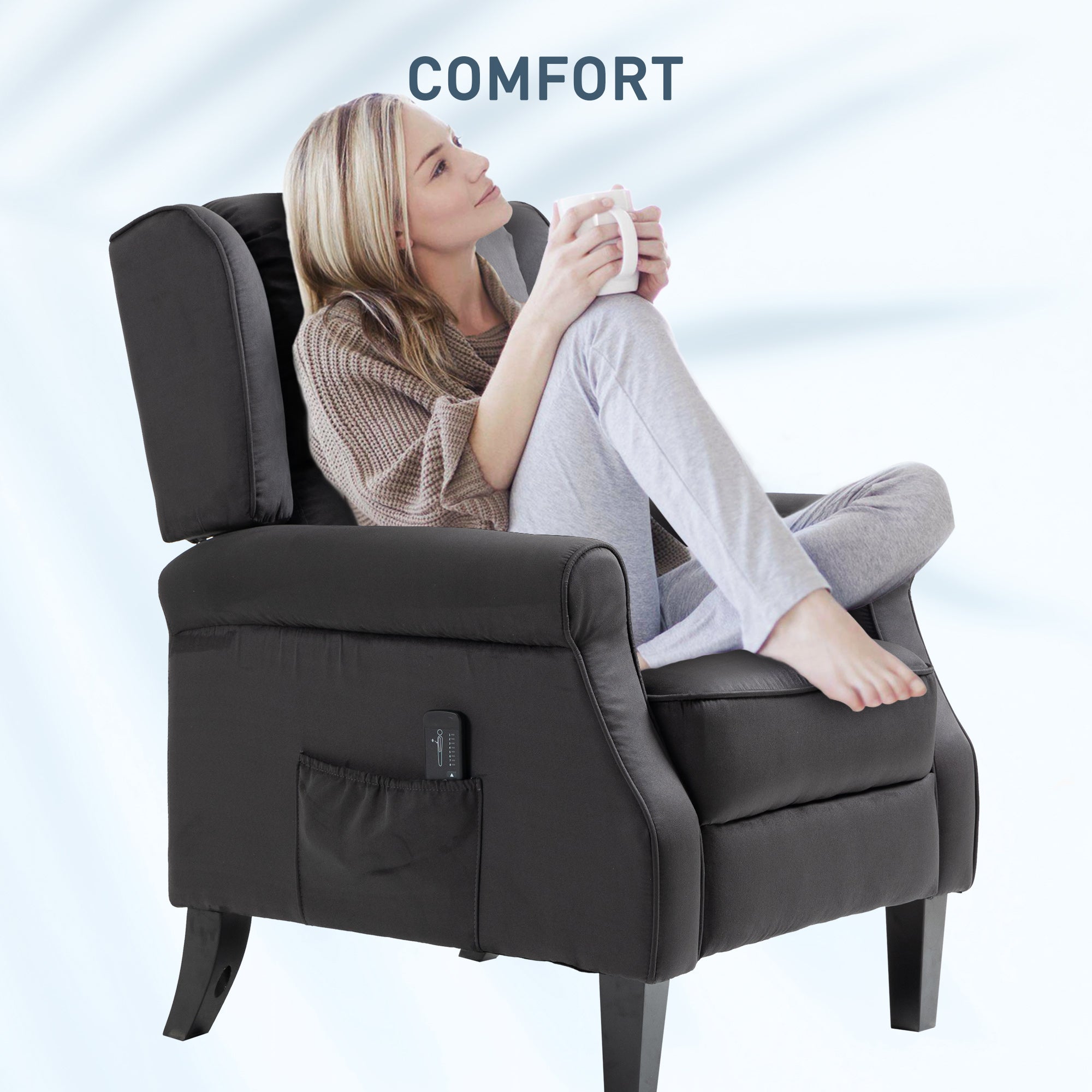 Massage Recliner Chair for Living Room, Push Back Recliner Sofa, Wingback Reclining Chair with Extendable Footrest, Remote Control, Side Pockets, Black Single Sofas at Gallery Canada