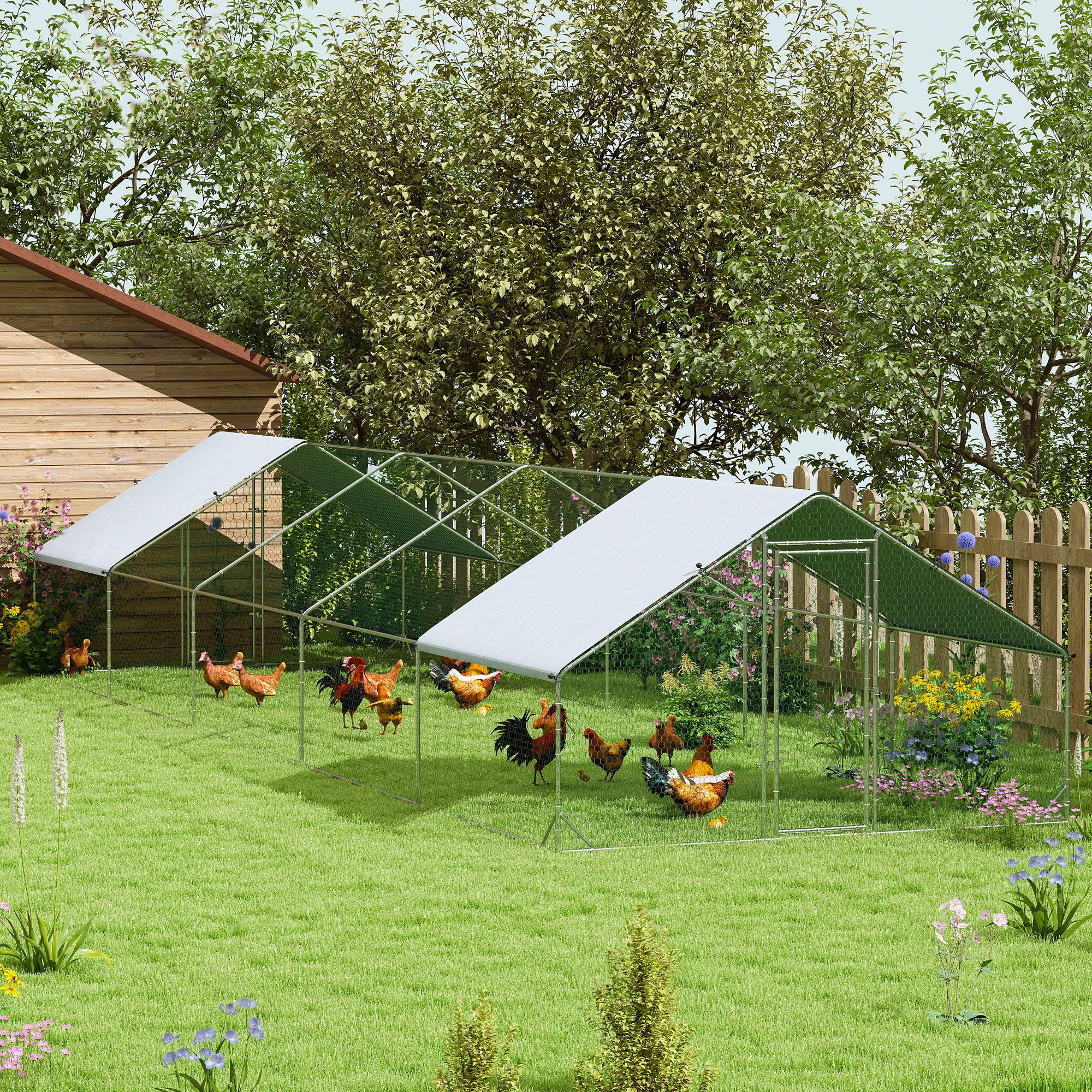 Metal Chicken Coop with Water- and UV-Protection Cover for Backyard Hen, Duck, Rabbit, 9.8' x 32.8' x 6.4' Chicken Coops Silver at Gallery Canada