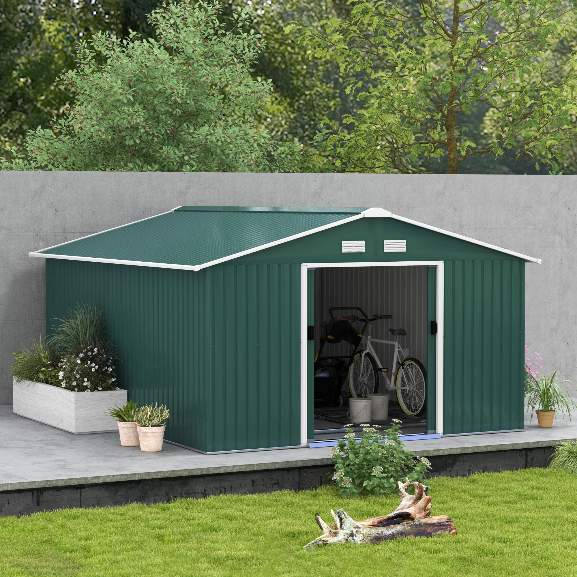 11' x 13' Practical Backyard Garden Storage Tool Shed Double Sliding Door 4 Ventilation Slots, Green Sheds at Gallery Canada