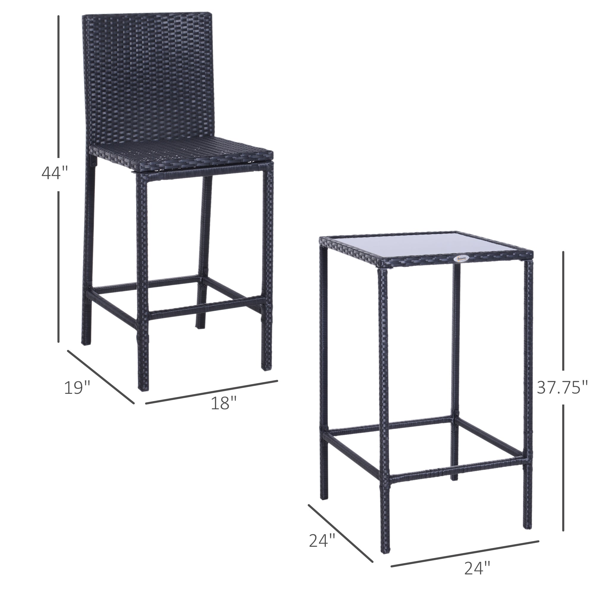 3 Piece Patio Bar Set Wicker Rattan Garden Bistro Set Barstool and Table for Patio Backyard Balcony Poolside, Black Bistro Sets at Gallery Canada