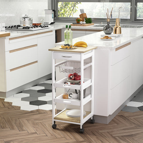 Rolling Kitchen Island Cart, Mobile Utility Storage Cart with Drawer, Wire Storage Basket, Removable Tray, White